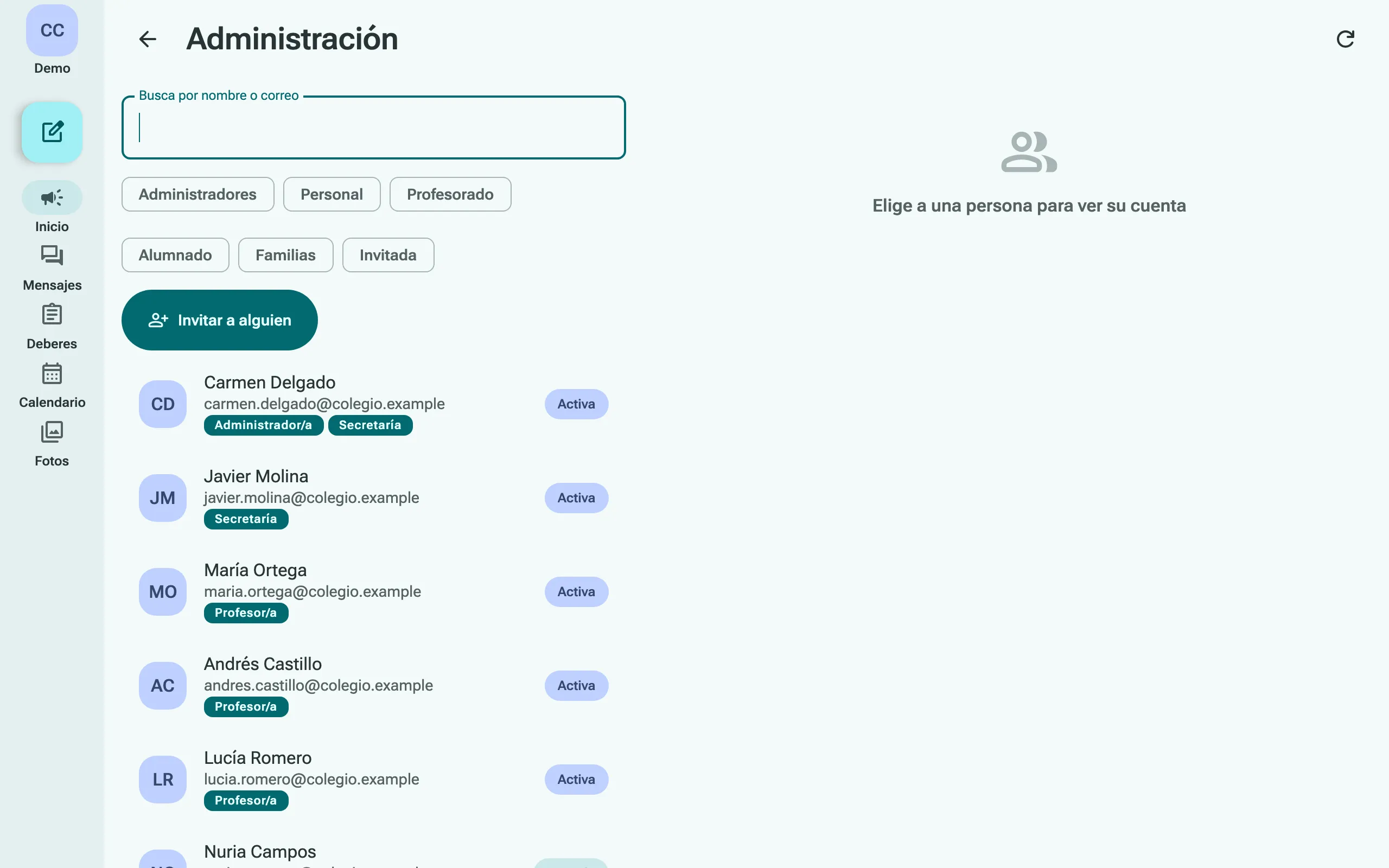 Administración: las personas del centro con sus roles, filtros por rol y un botón para invitar a alguien.
