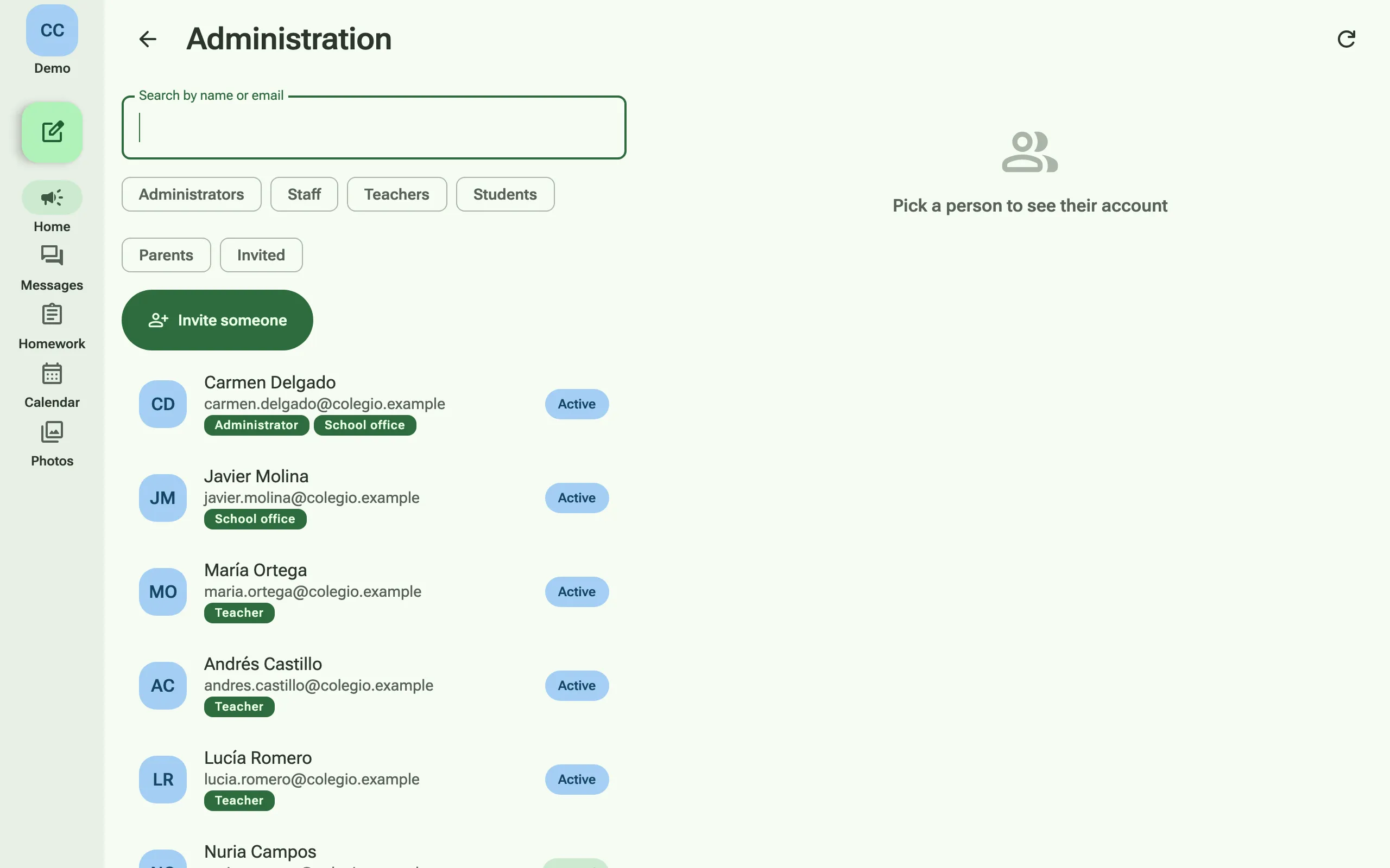 Administration: the school’s people with their roles, filters by role and a button to invite someone.
