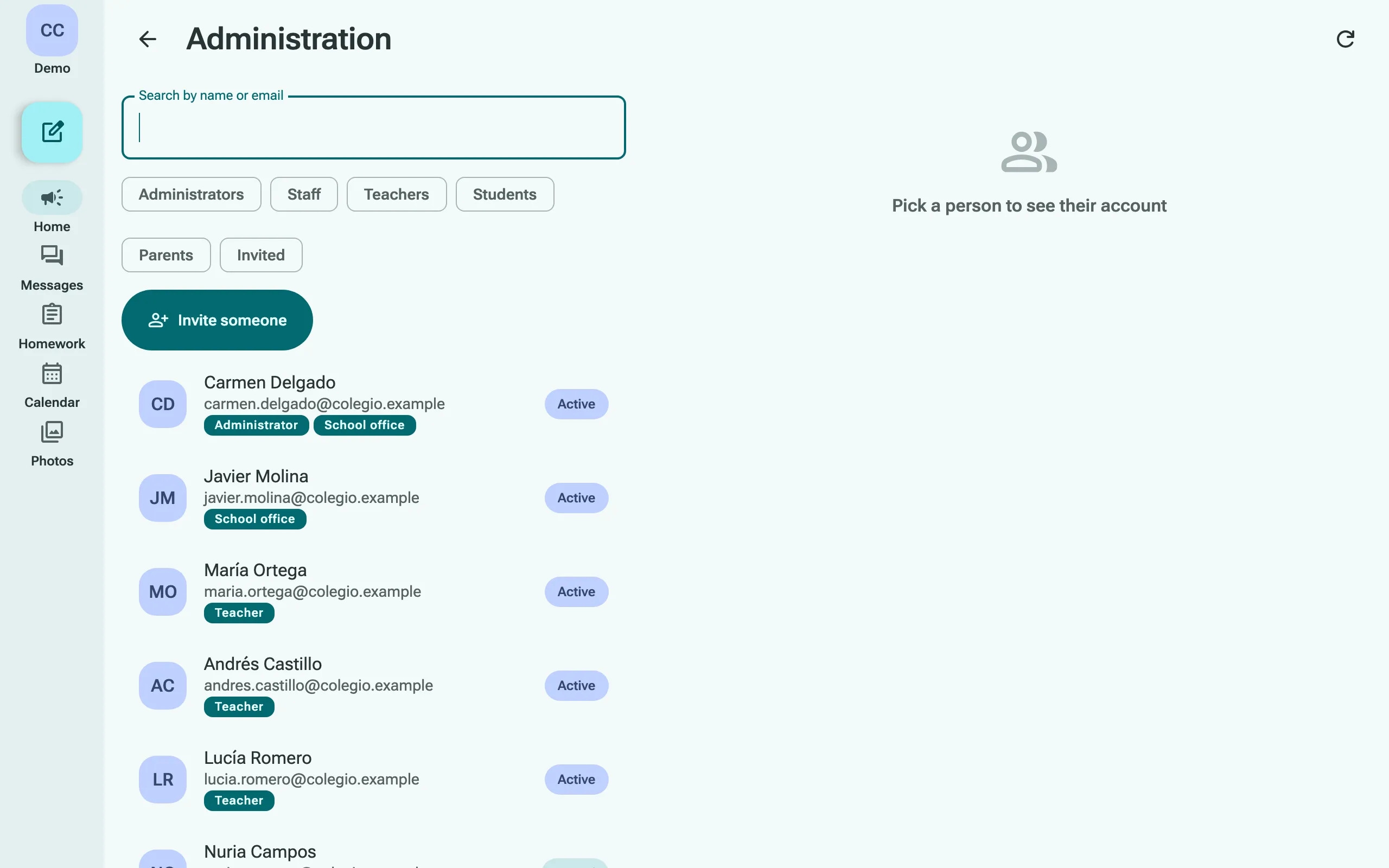 Administration: the school’s people with their roles, filters by role and a button to invite someone.