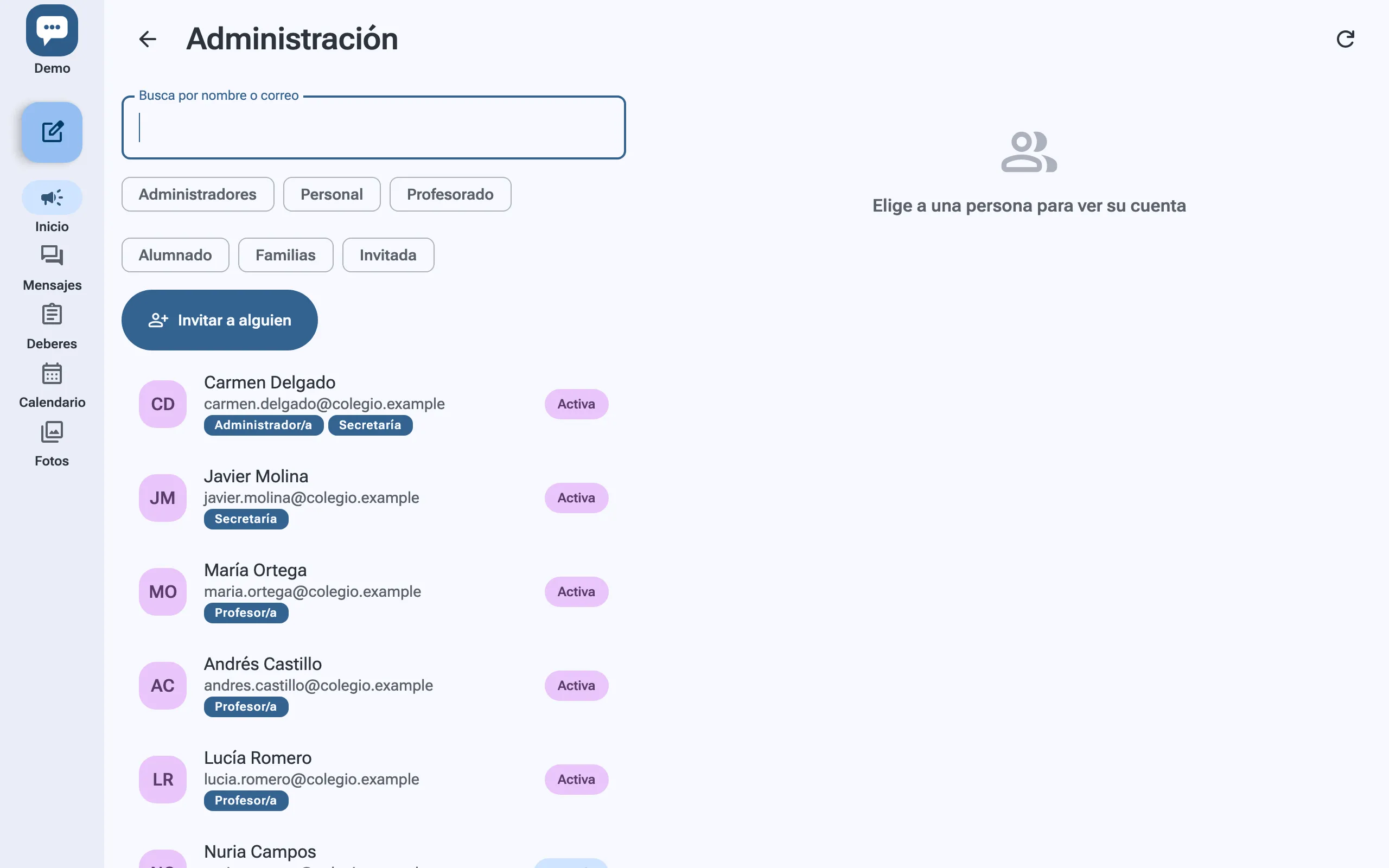 Administración: las personas del centro con sus roles, filtros por rol y un botón para invitar a alguien.