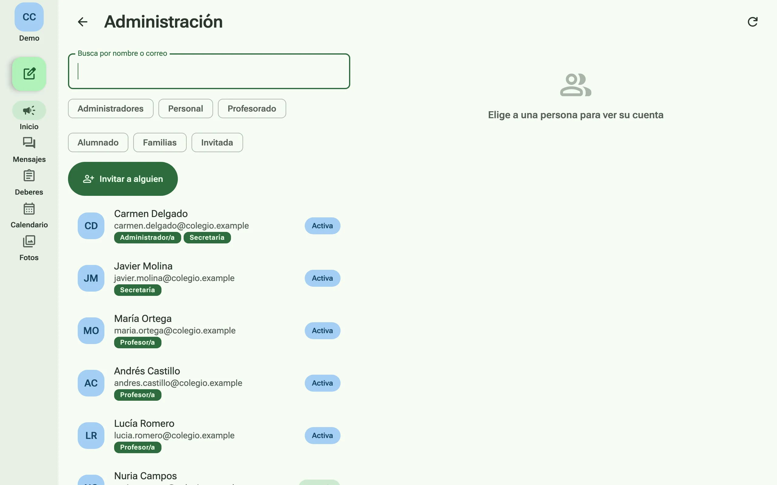 Administración: las personas del centro con sus roles, filtros por rol y un botón para invitar a alguien.
