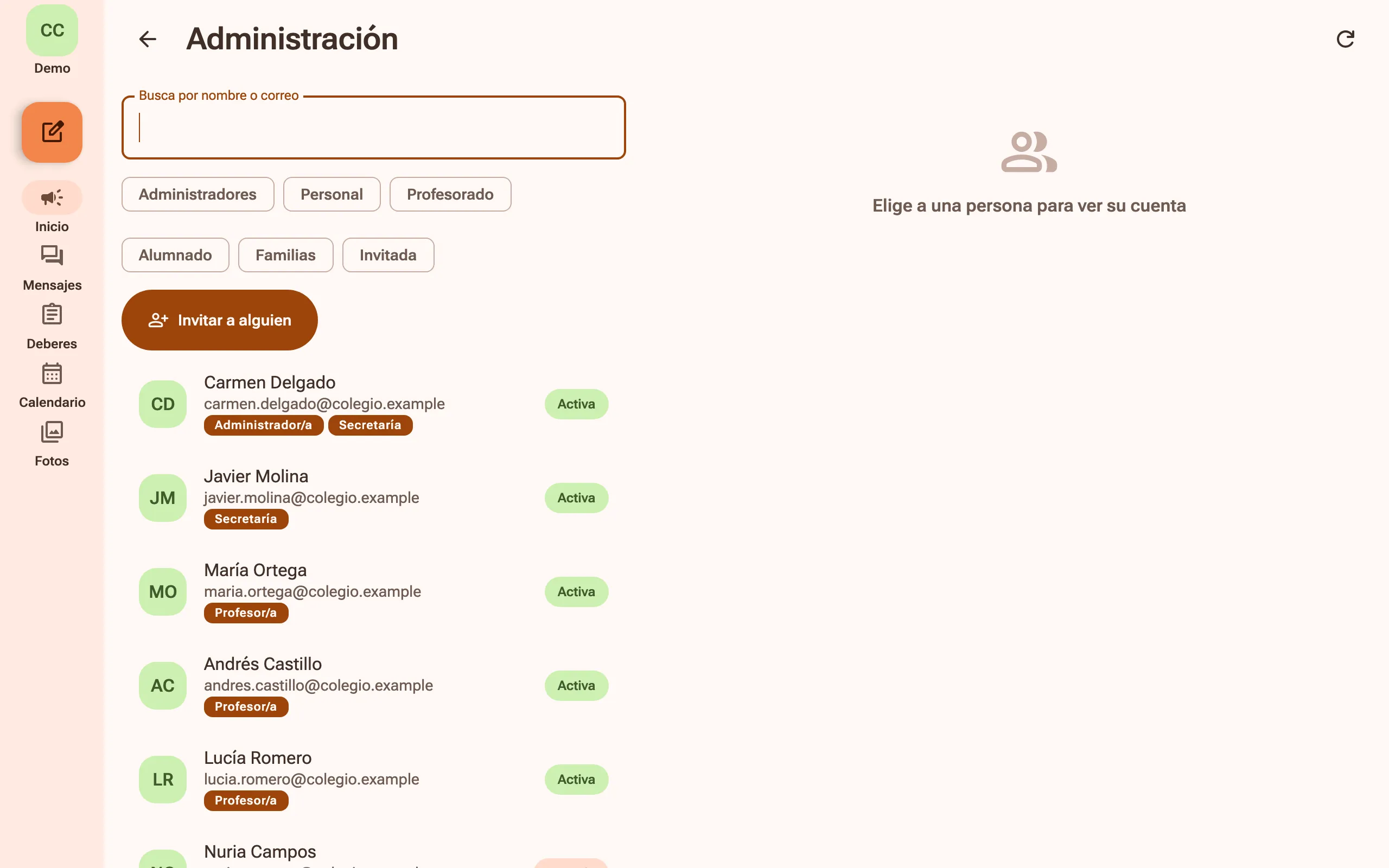Administración: las personas del centro con sus roles, filtros por rol y un botón para invitar a alguien.
