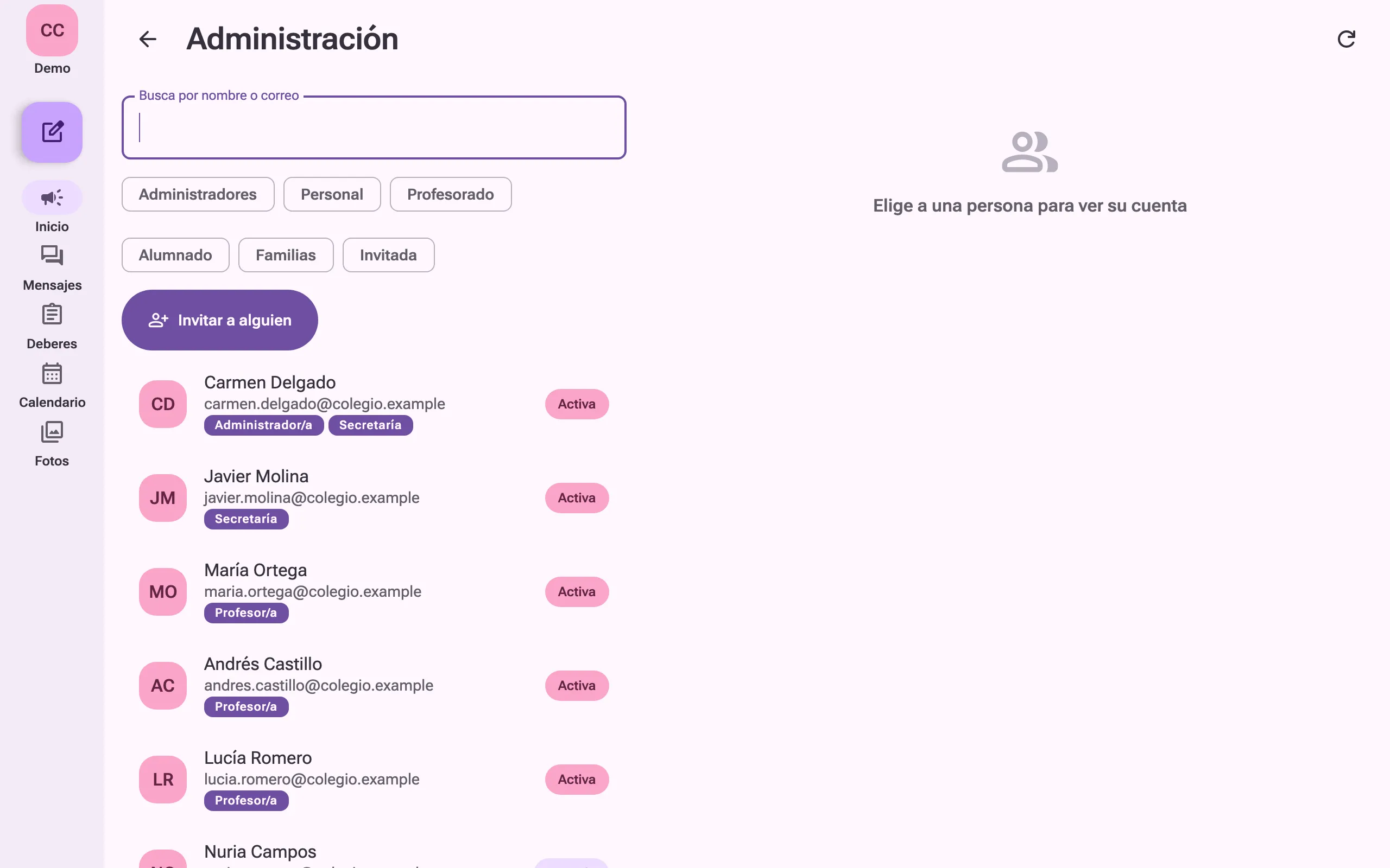 Administración: las personas del centro con sus roles, filtros por rol y un botón para invitar a alguien.