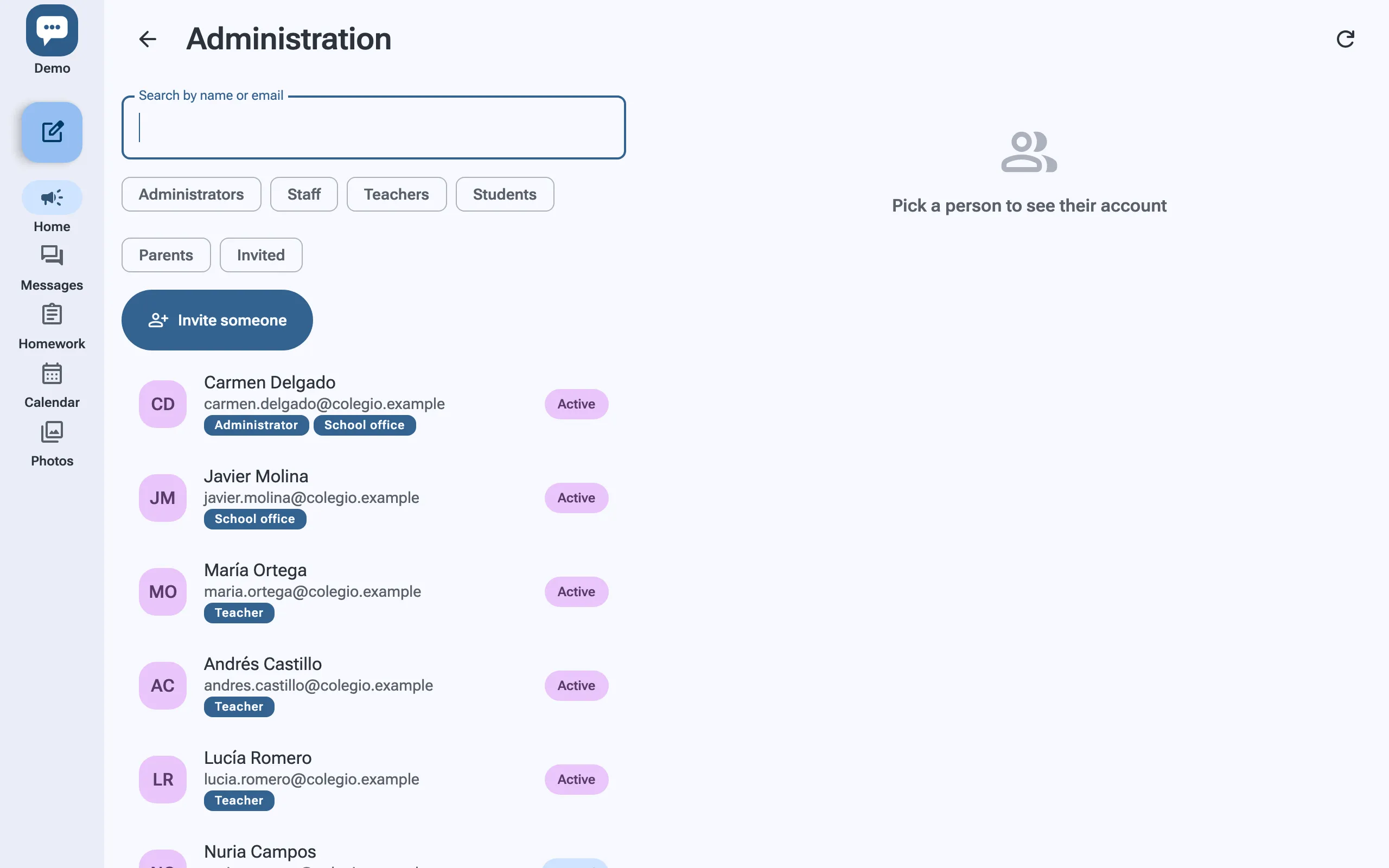 Administration: the school’s people with their roles, filters by role and a button to invite someone.