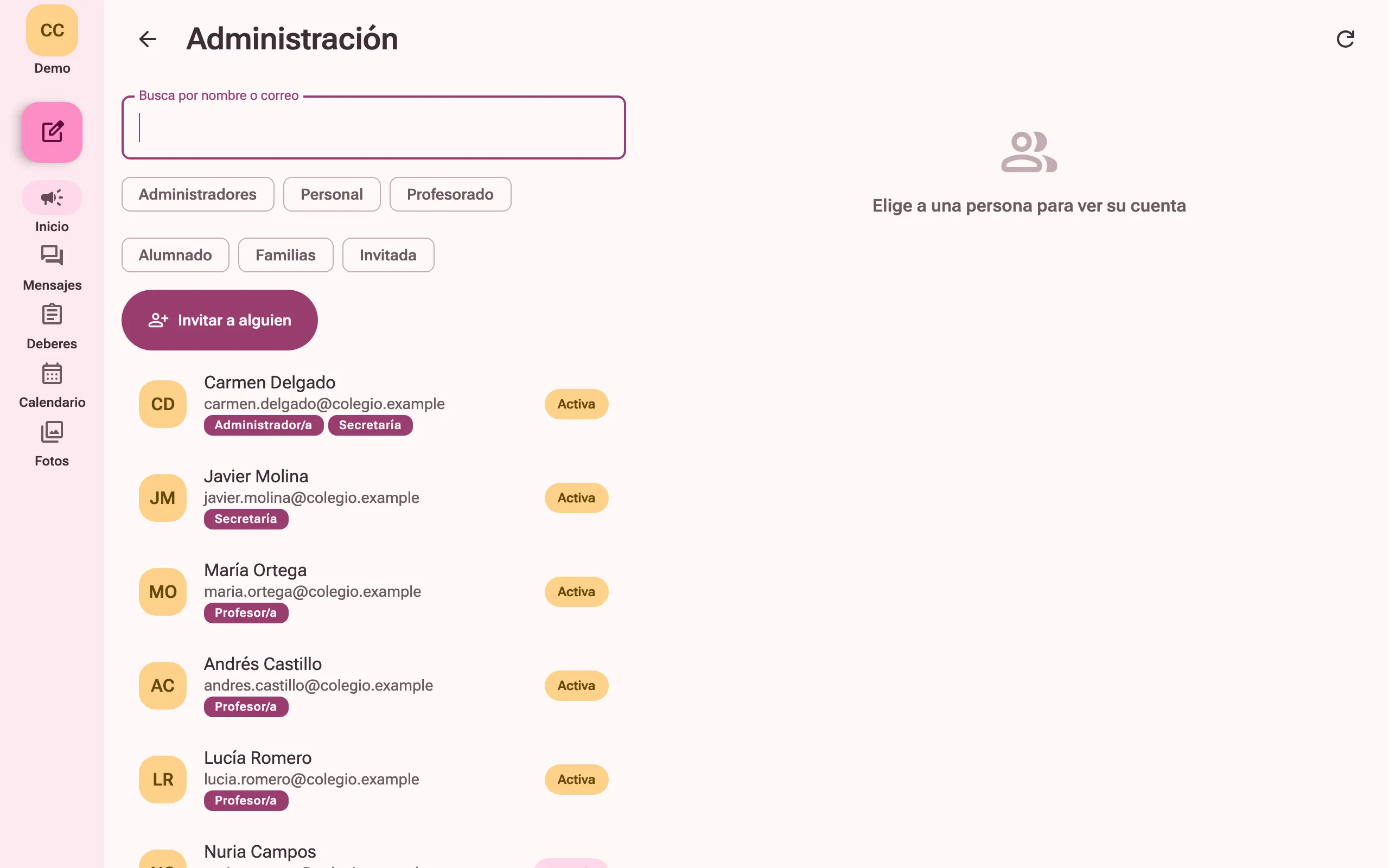 Administración: las personas del centro con sus roles, filtros por rol y un botón para invitar a alguien.