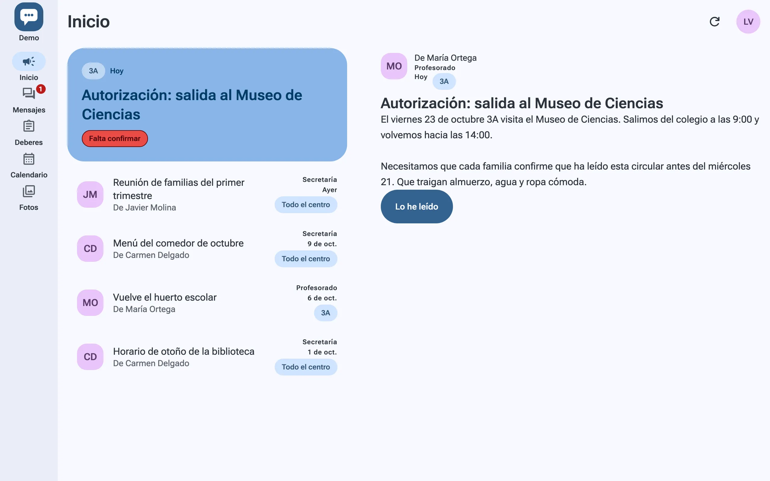 La app en un ordenador: el inicio de una familia con un comunicado abierto que le pide confirmar la lectura.