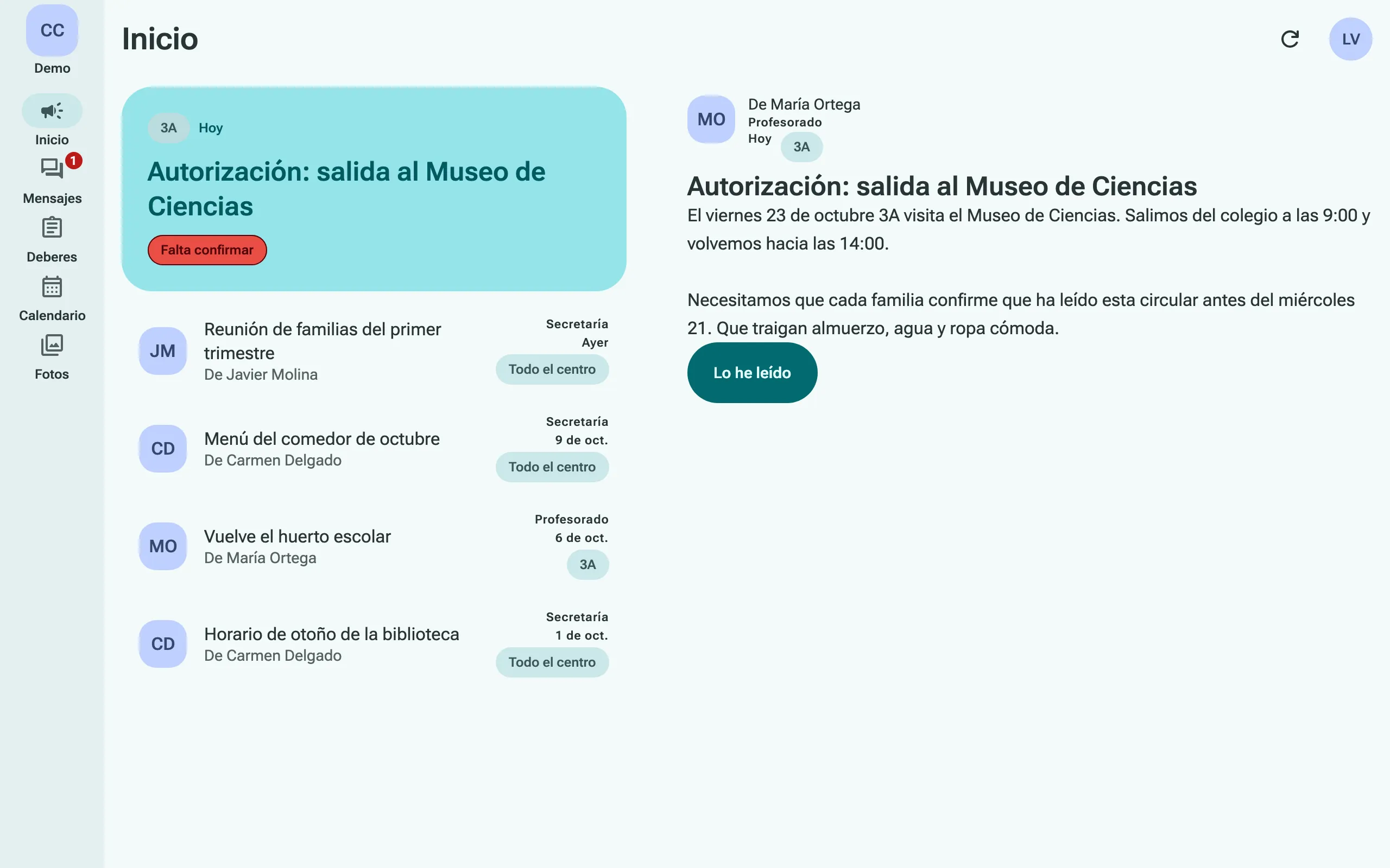 La app en un ordenador: el inicio de una familia con un comunicado abierto que le pide confirmar la lectura.