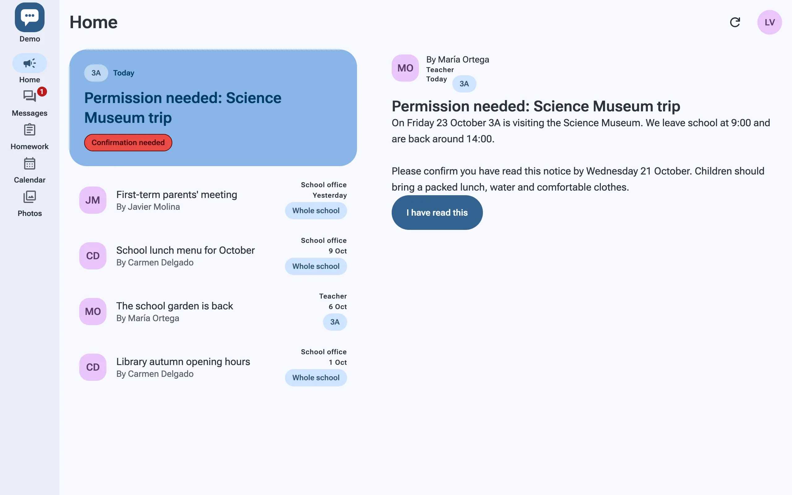 The app on a computer: a family’s home feed with an announcement open, asking them to confirm they have read it.