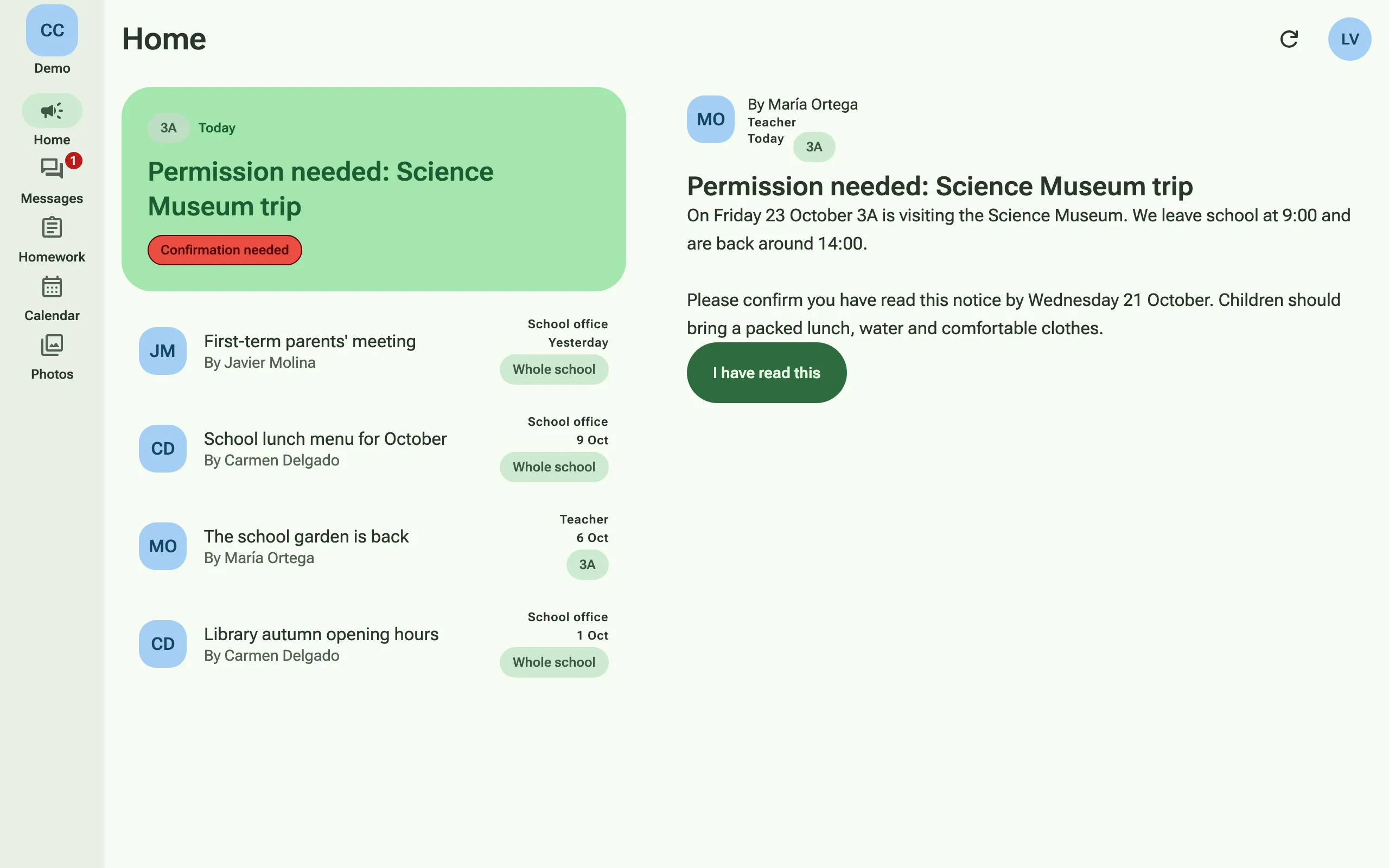 The app on a computer: a family’s home feed with an announcement open, asking them to confirm they have read it.