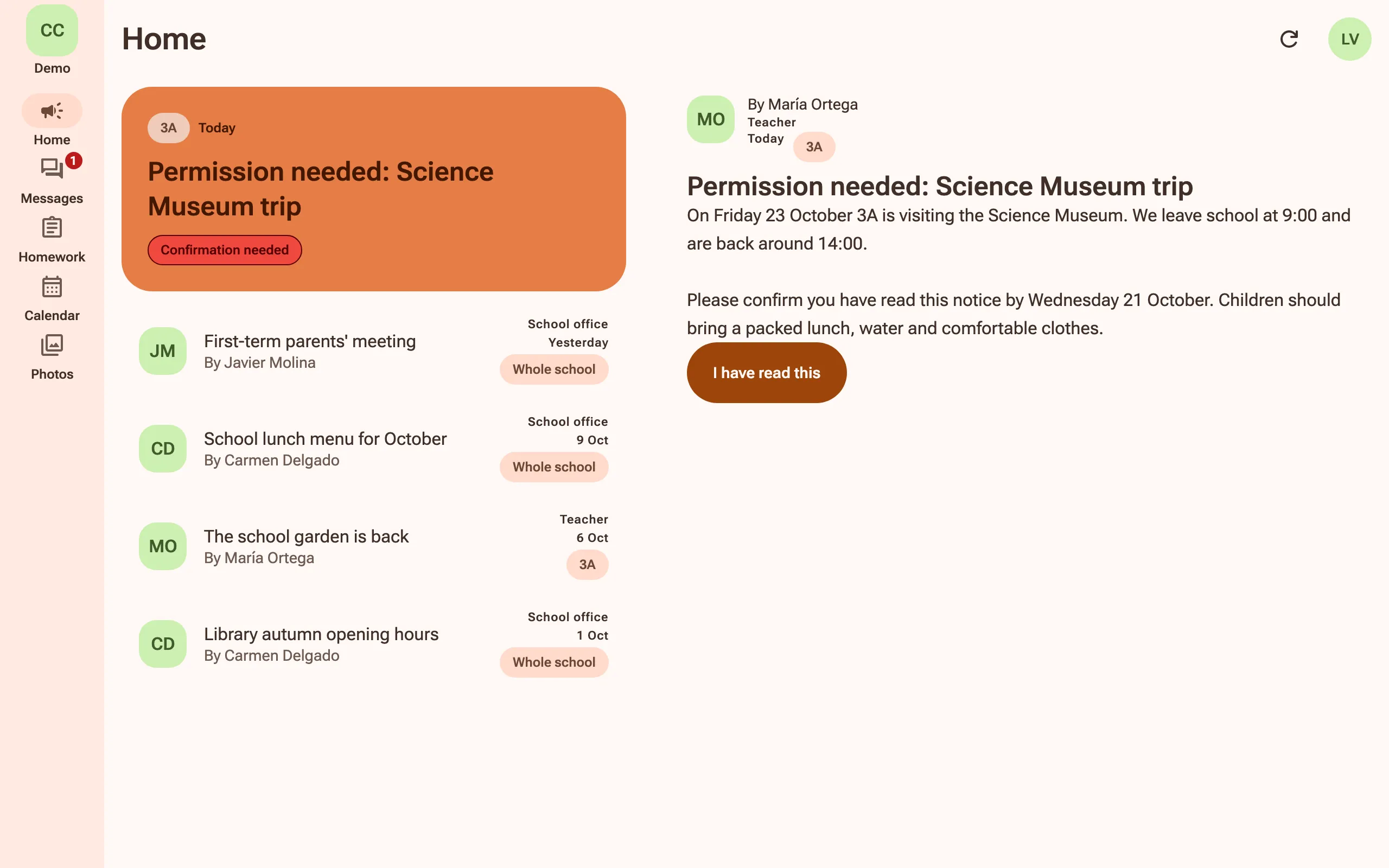 The app on a computer: a family’s home feed with an announcement open, asking them to confirm they have read it.