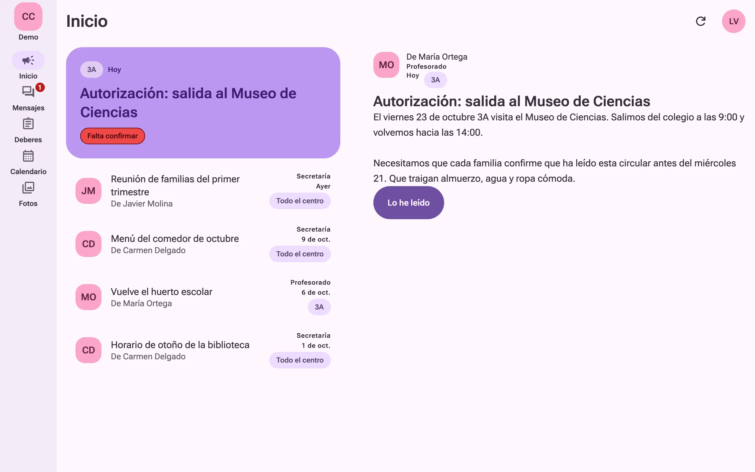 La app en un ordenador: el inicio de una familia con un comunicado abierto que le pide confirmar la lectura.