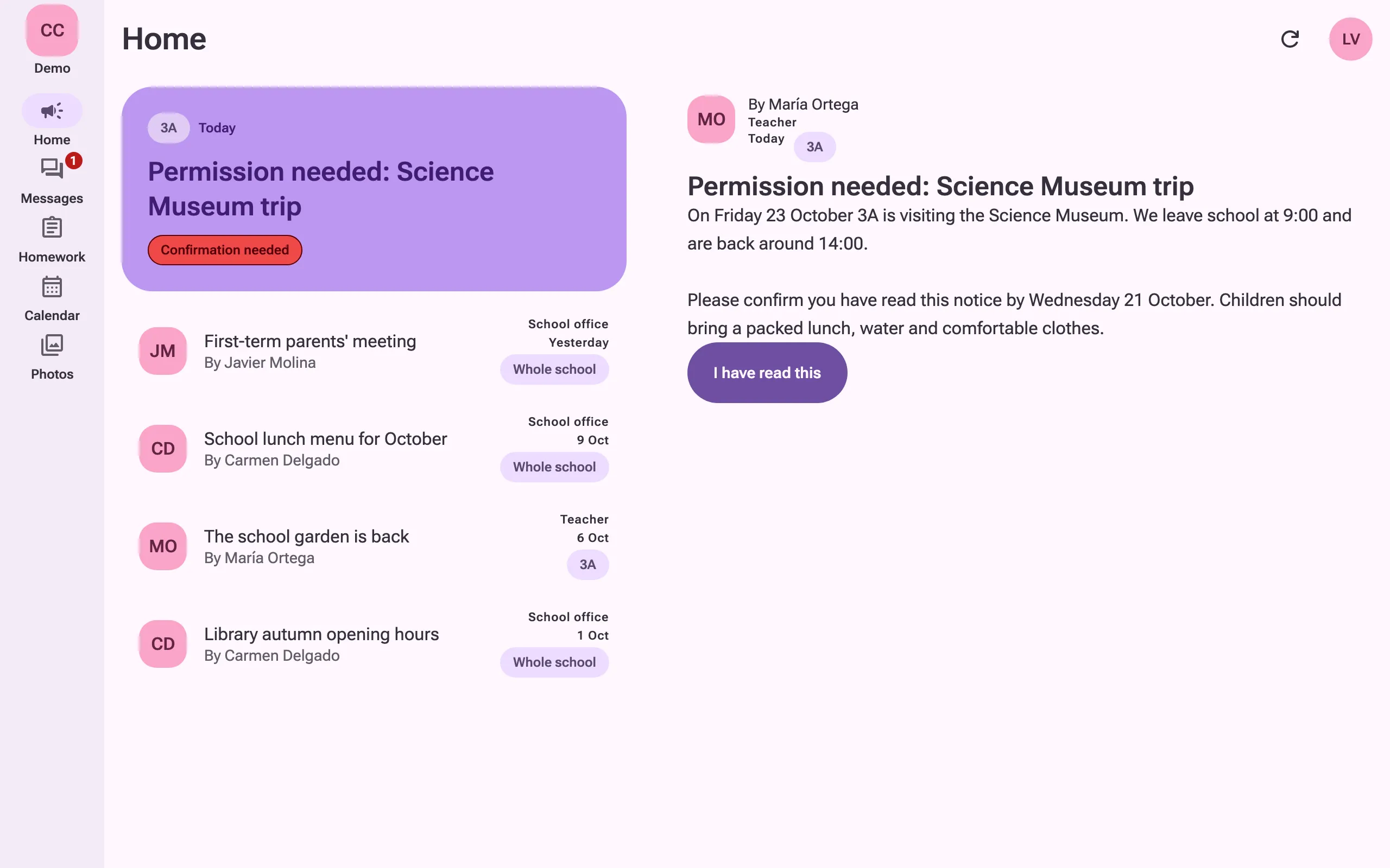 The app on a computer: a family’s home feed with an announcement open, asking them to confirm they have read it.
