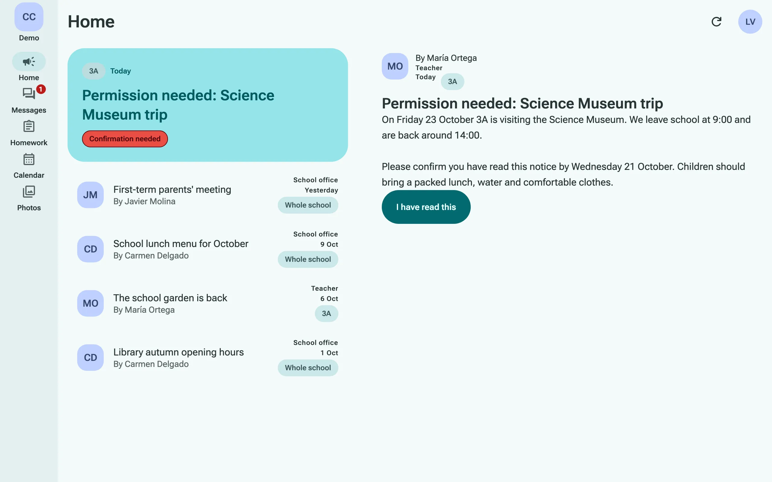 The app on a computer: a family’s home feed with an announcement open, asking them to confirm they have read it.