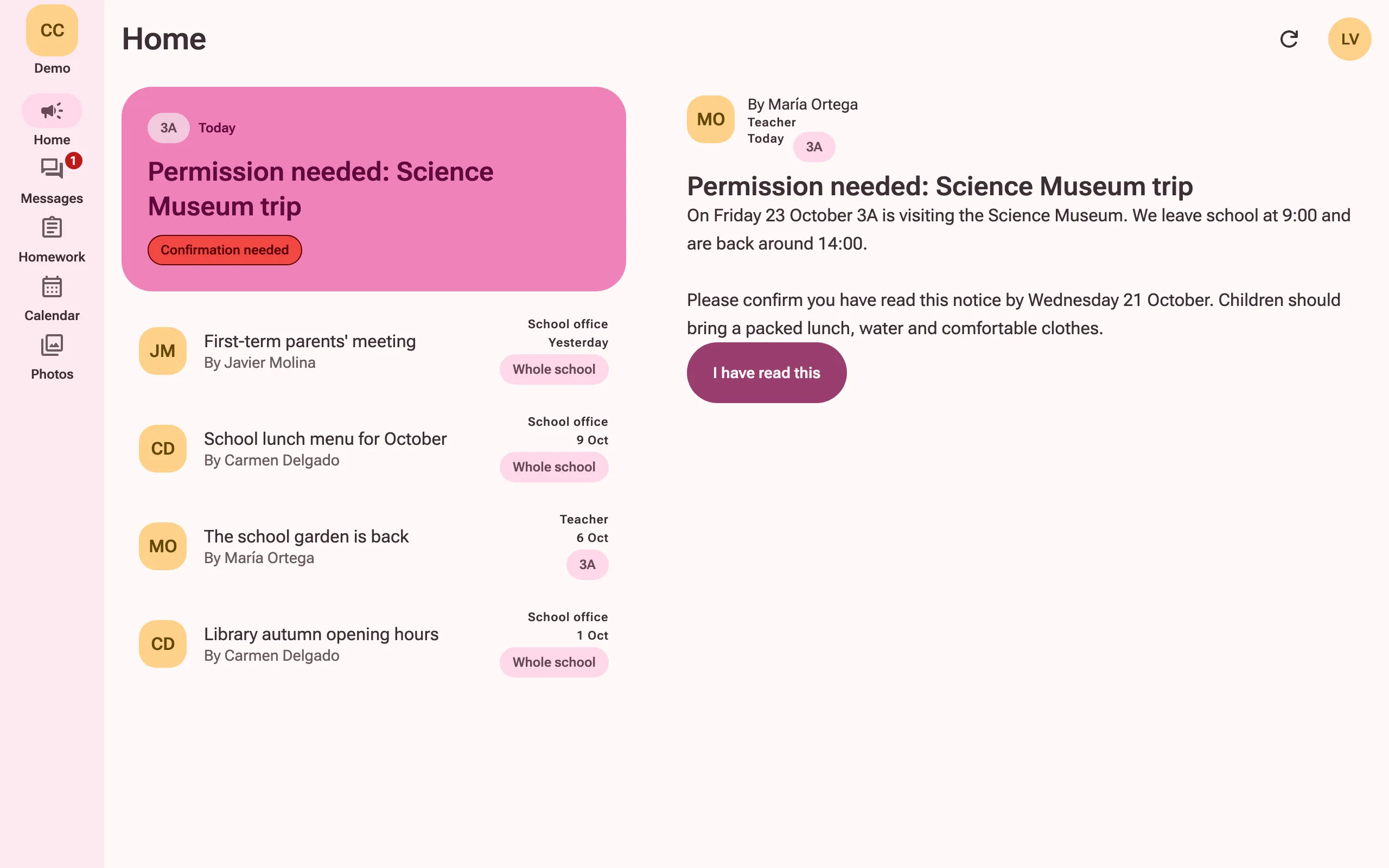 The app on a computer: a family’s home feed with an announcement open, asking them to confirm they have read it.
