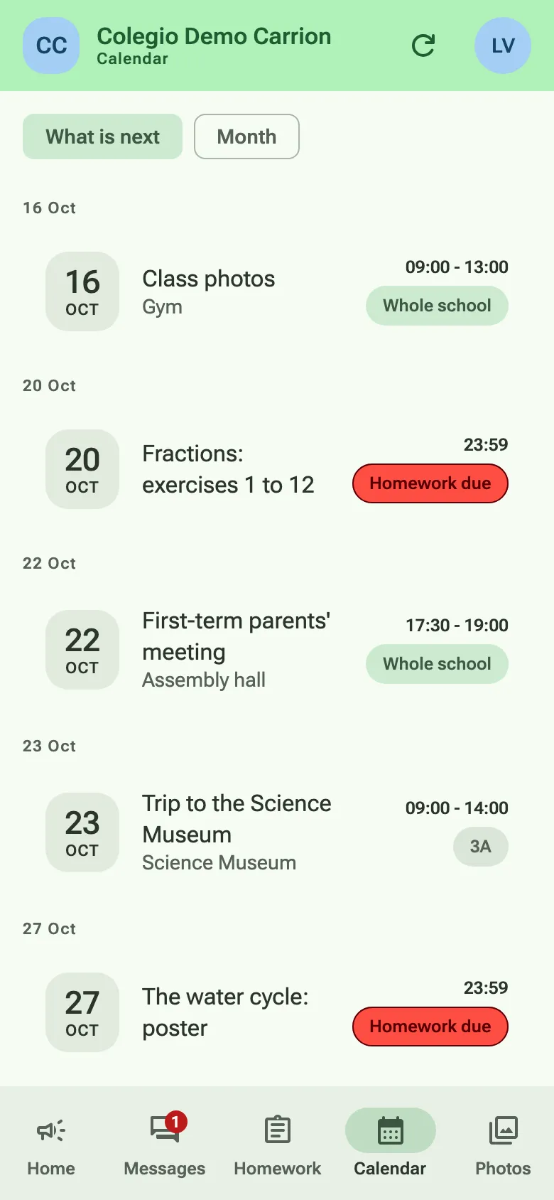 The calendar’s agenda: class photos, a parents’ meeting, a class trip and two homework due dates.