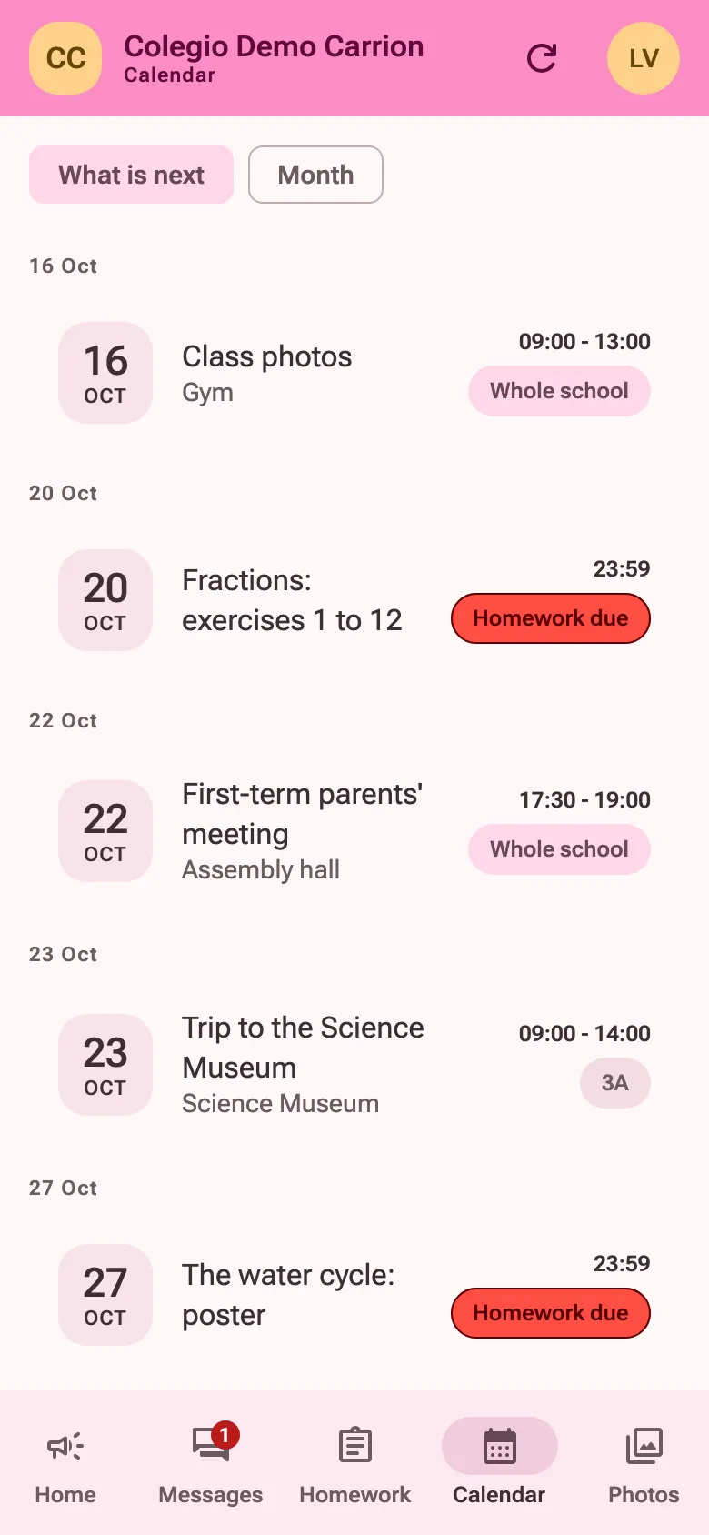 The calendar’s agenda: class photos, a parents’ meeting, a class trip and two homework due dates.