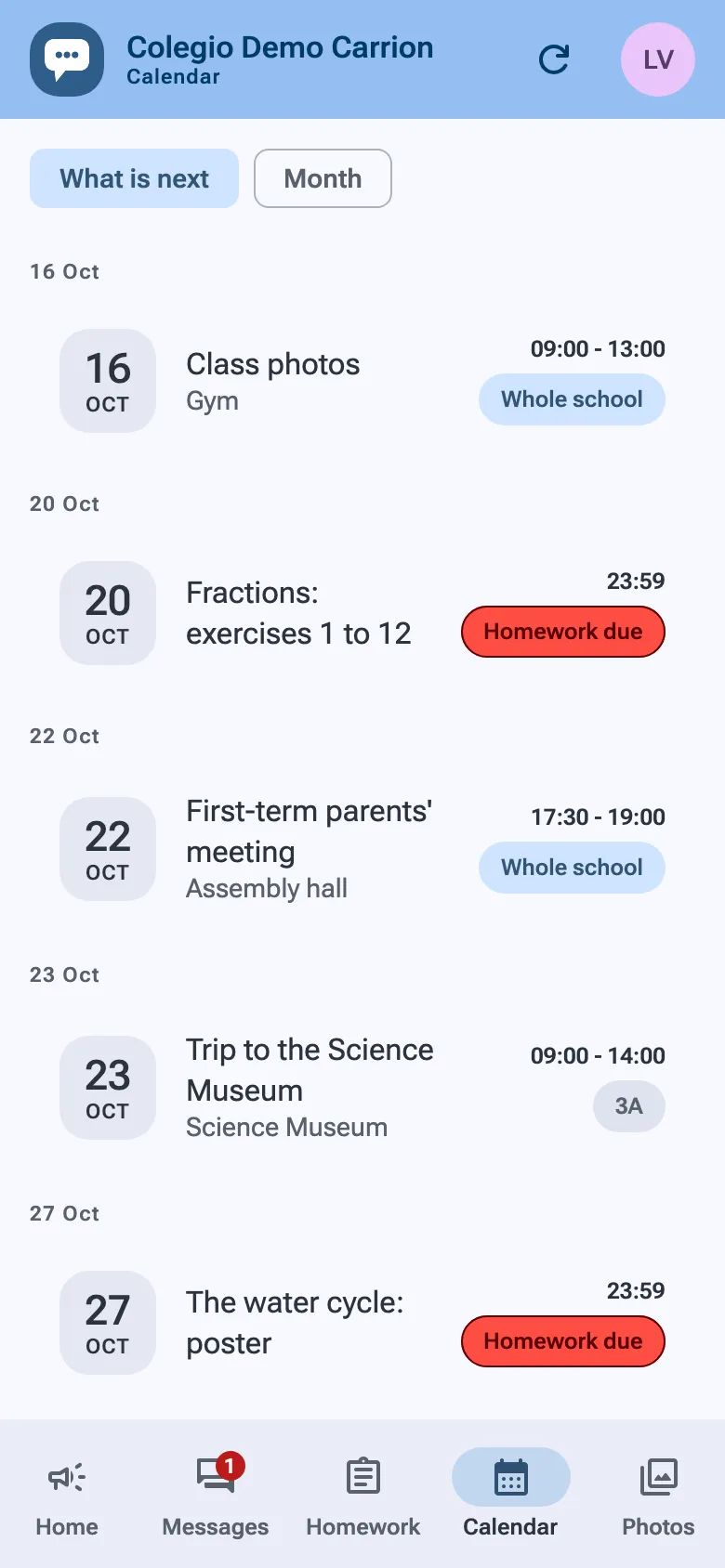 The calendar’s agenda: class photos, a parents’ meeting, a class trip and two homework due dates.