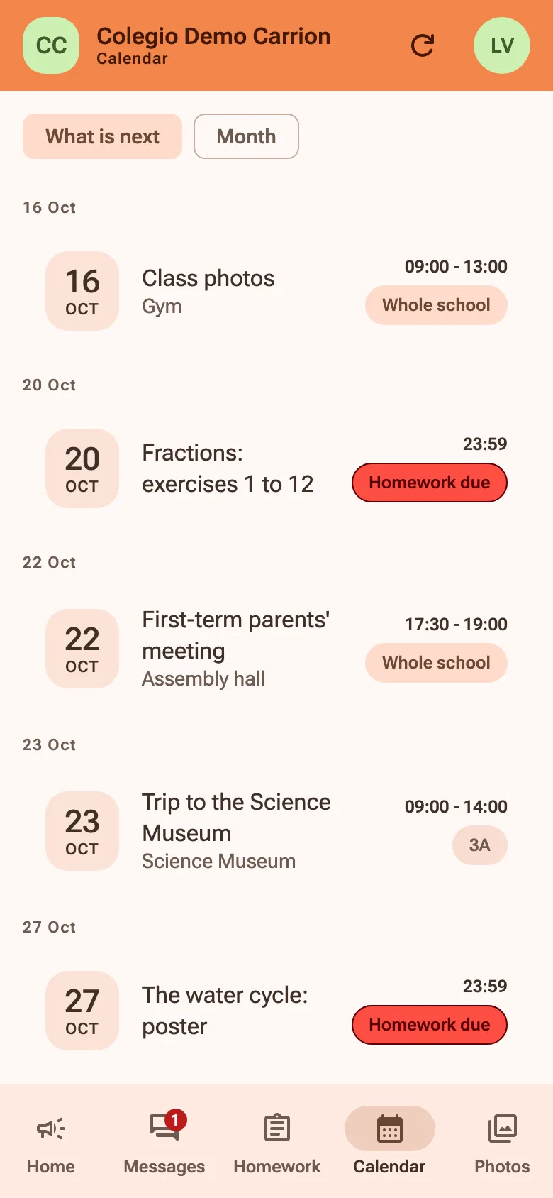 The calendar’s agenda: class photos, a parents’ meeting, a class trip and two homework due dates.