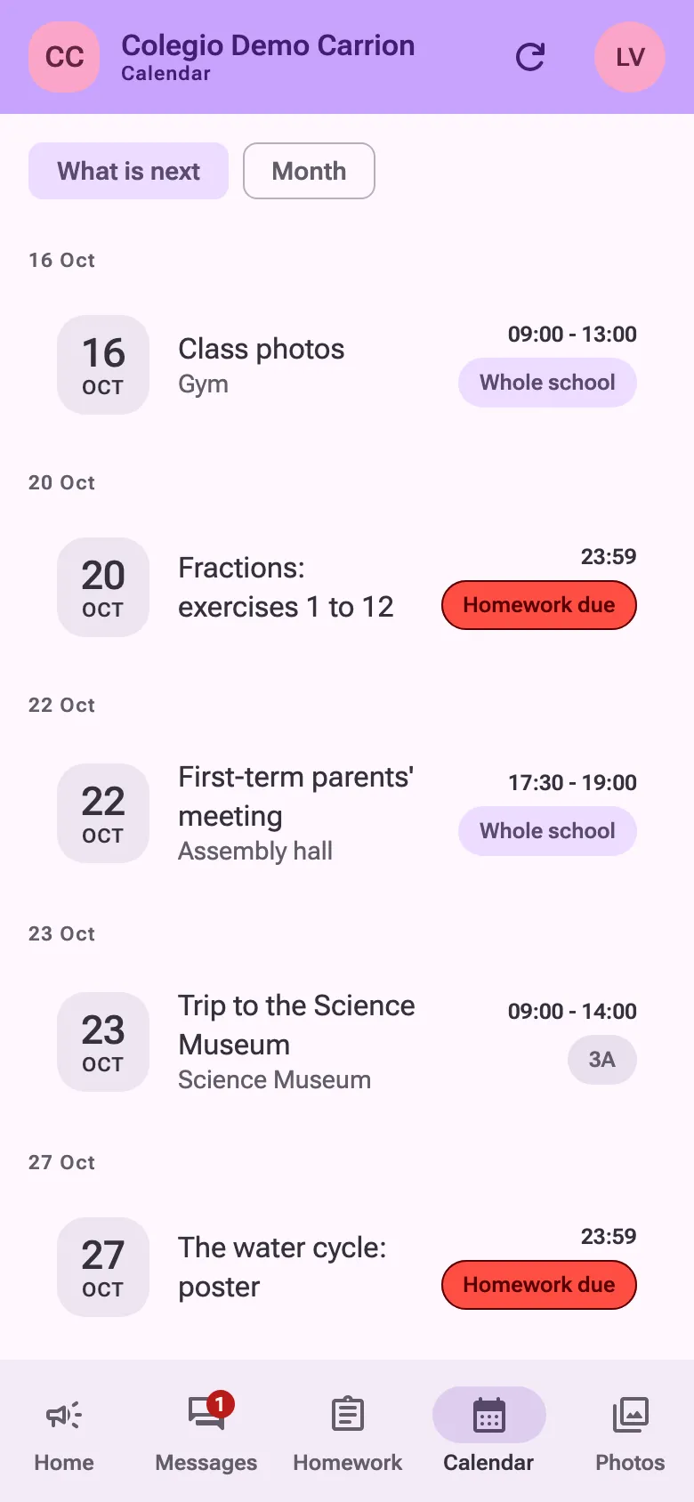 The calendar’s agenda: class photos, a parents’ meeting, a class trip and two homework due dates.