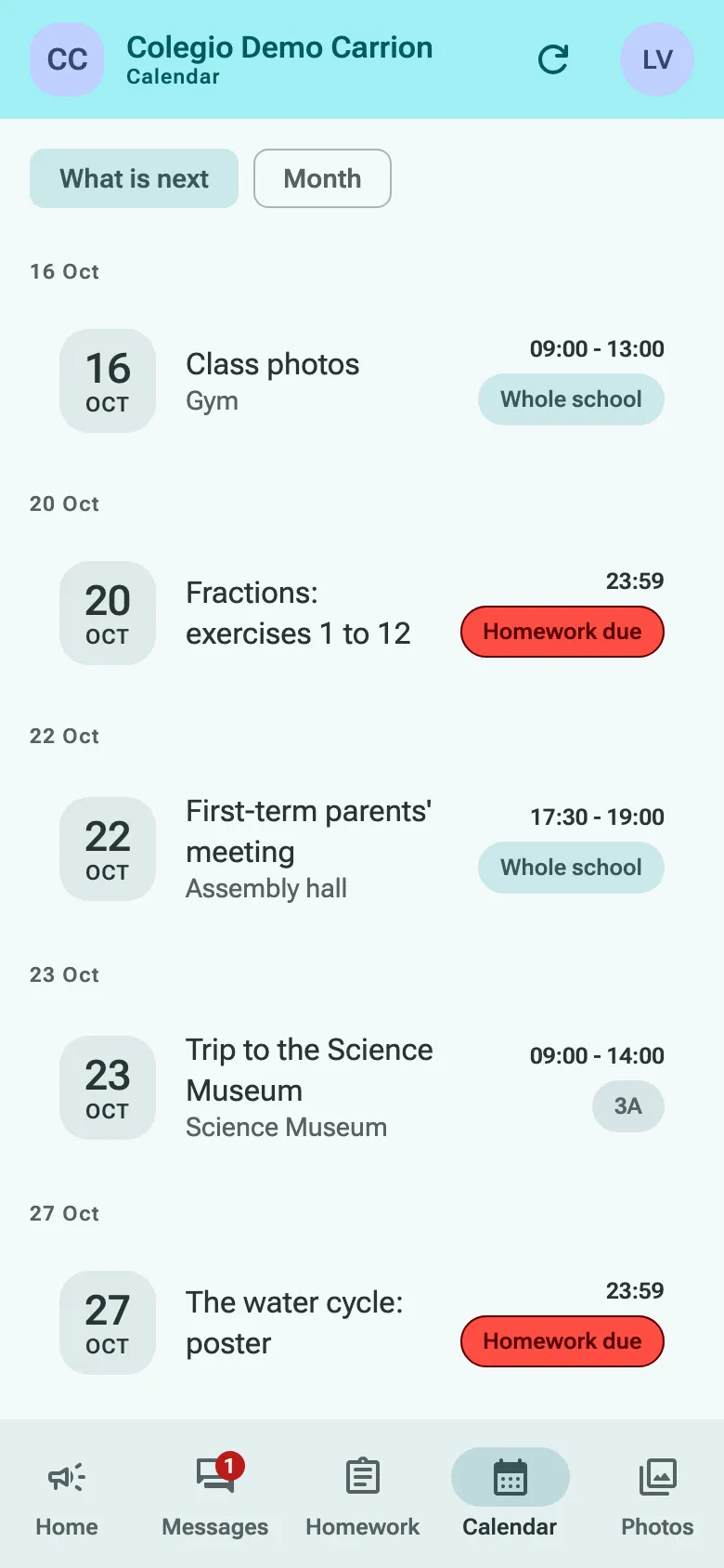 The calendar’s agenda: class photos, a parents’ meeting, a class trip and two homework due dates.