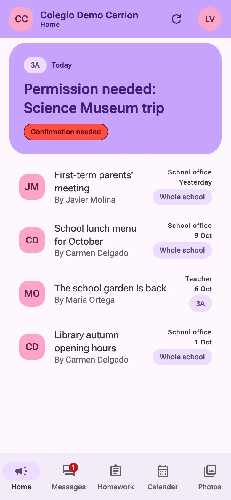 The app on a phone: the demo school’s home feed, with the newest announcement waiting to be confirmed.