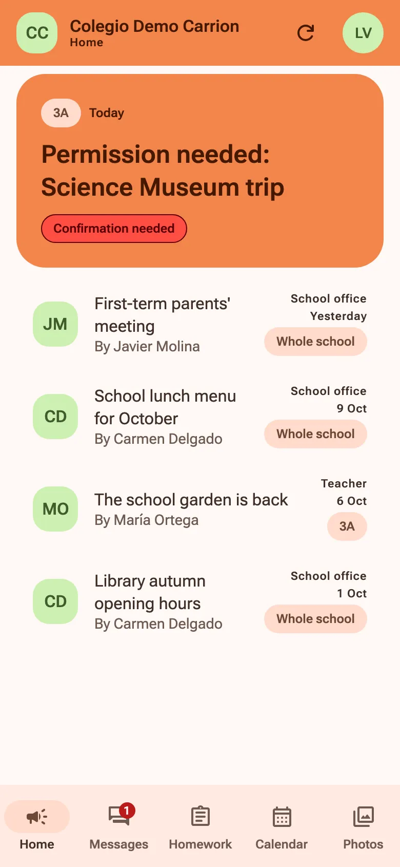 The app on a phone: the demo school’s home feed, with the newest announcement waiting to be confirmed.