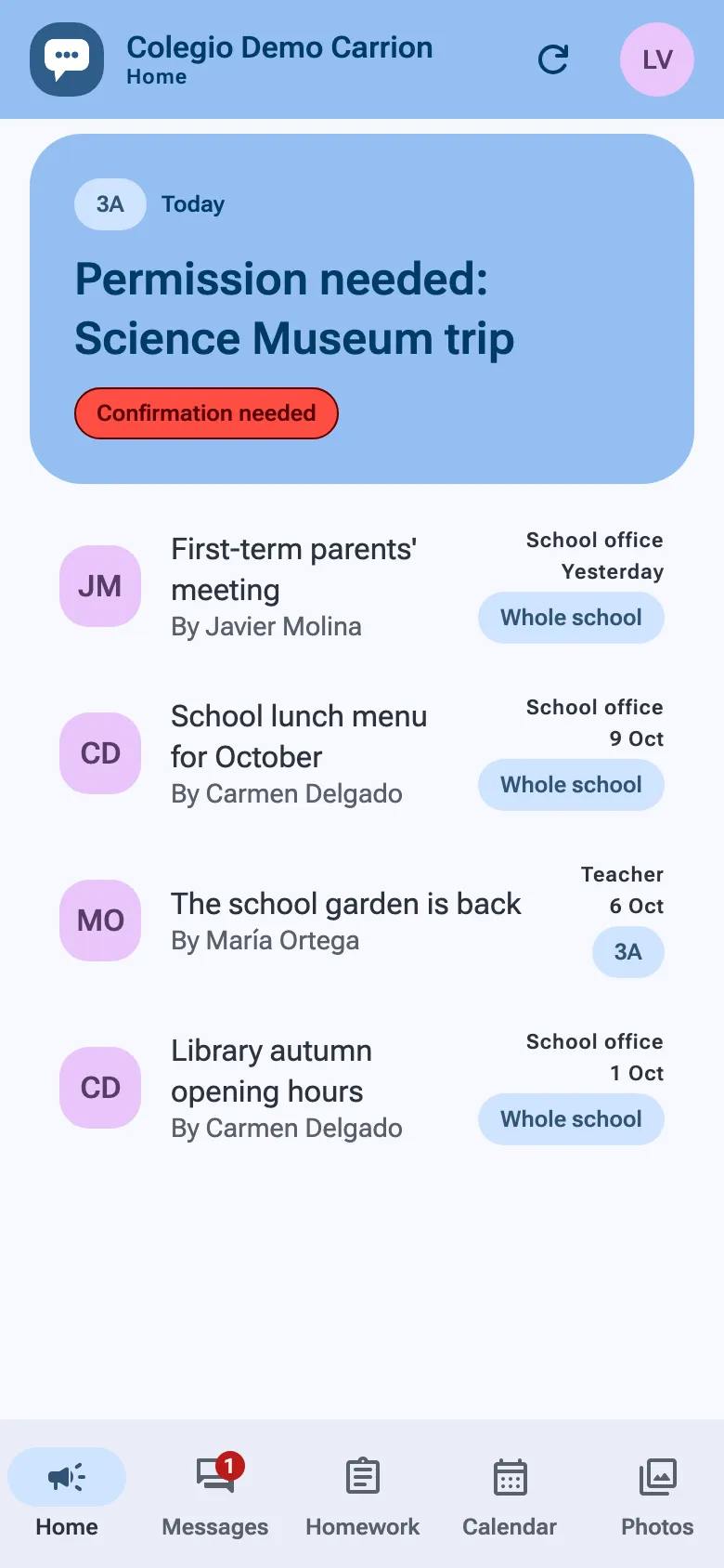 The app on a phone: the demo school’s home feed, with the newest announcement waiting to be confirmed.