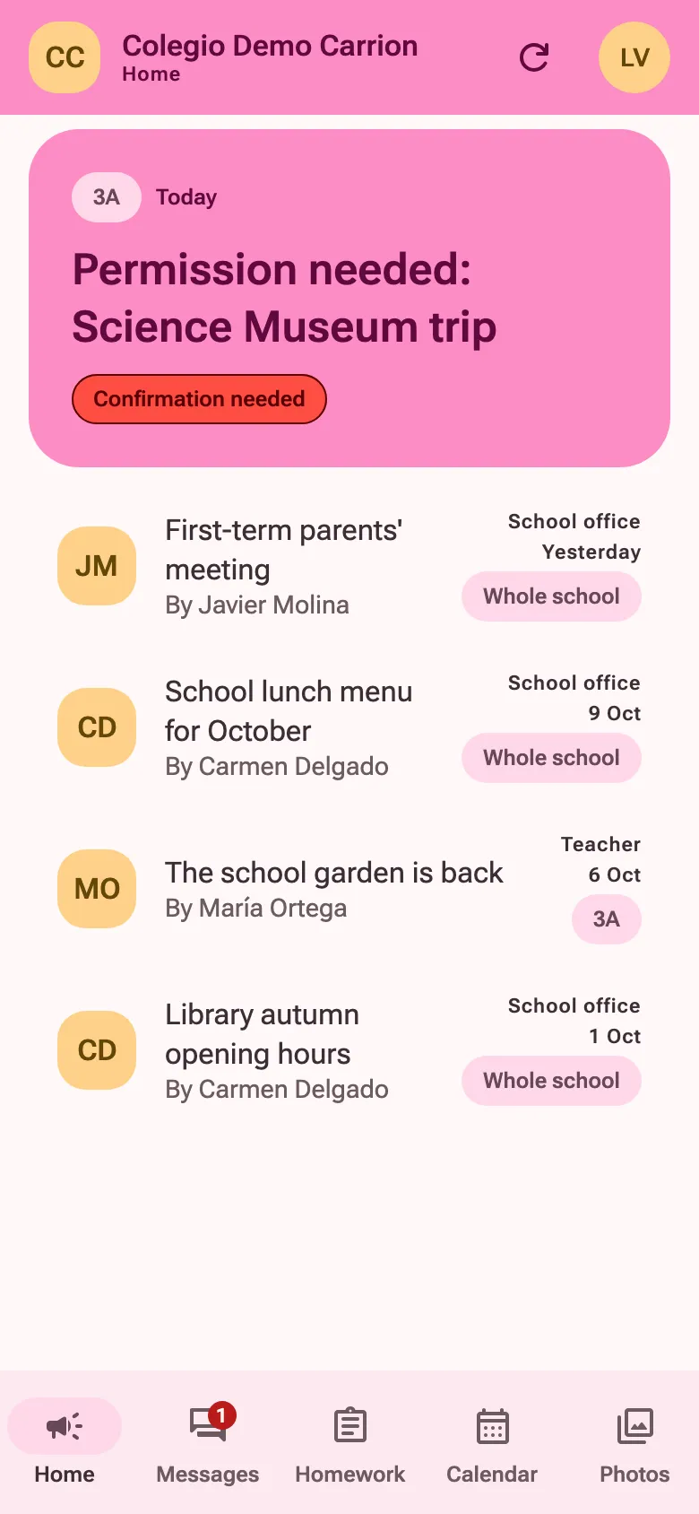 The app on a phone: the demo school’s home feed, with the newest announcement waiting to be confirmed.
