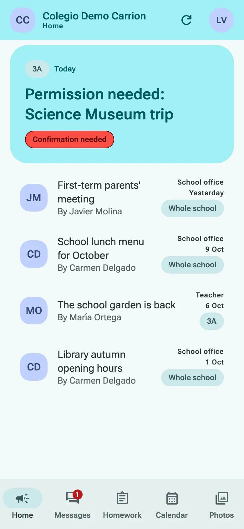 The app on a phone: the demo school’s home feed, with the newest announcement waiting to be confirmed.