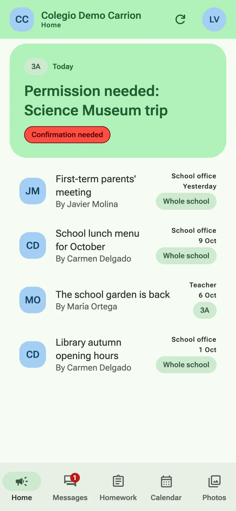 The app on a phone: the demo school’s home feed, with the newest announcement waiting to be confirmed.