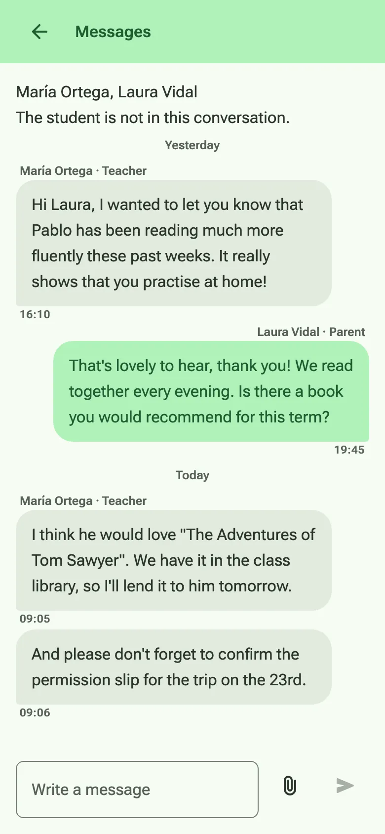 A conversation between a teacher and a parent about the parent’s son.