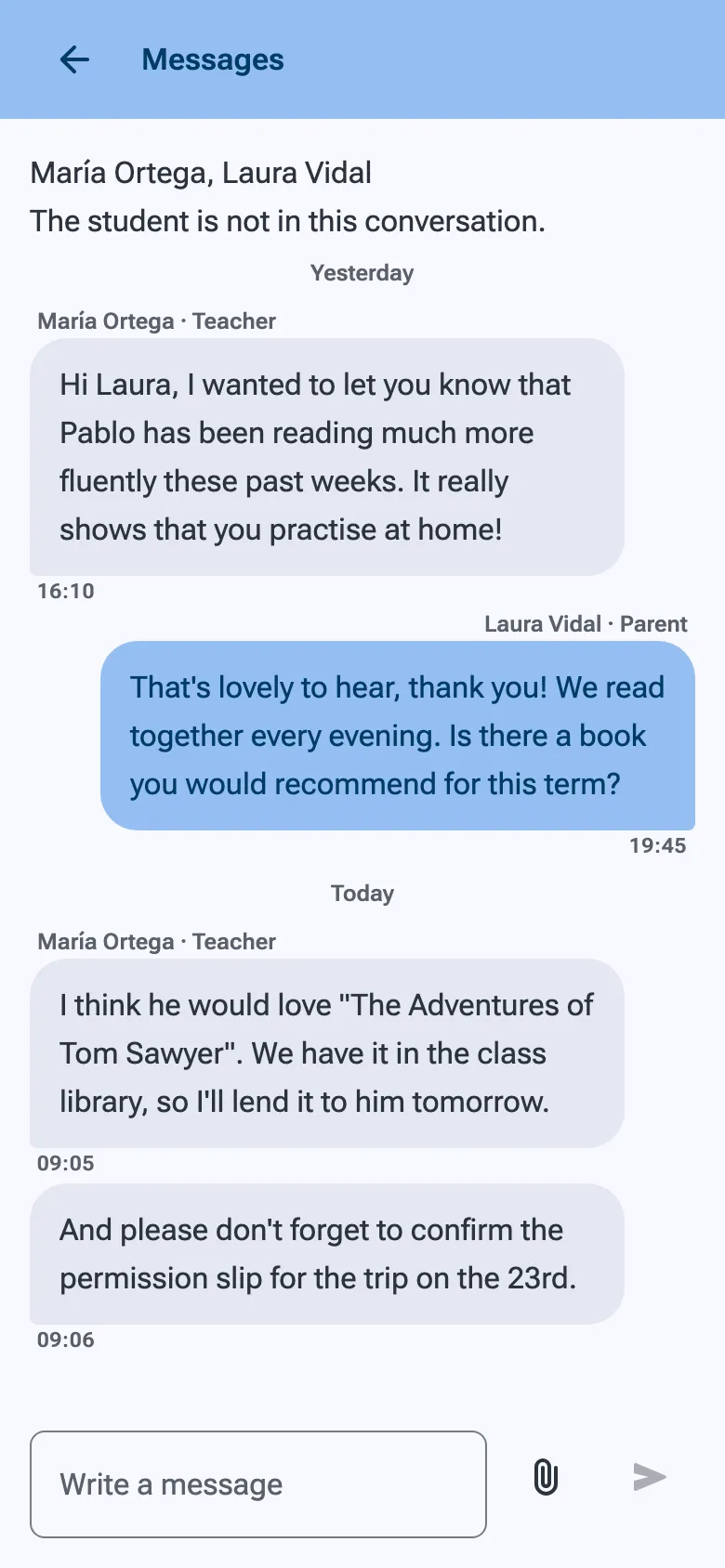 A conversation between a teacher and a parent about the parent’s son.