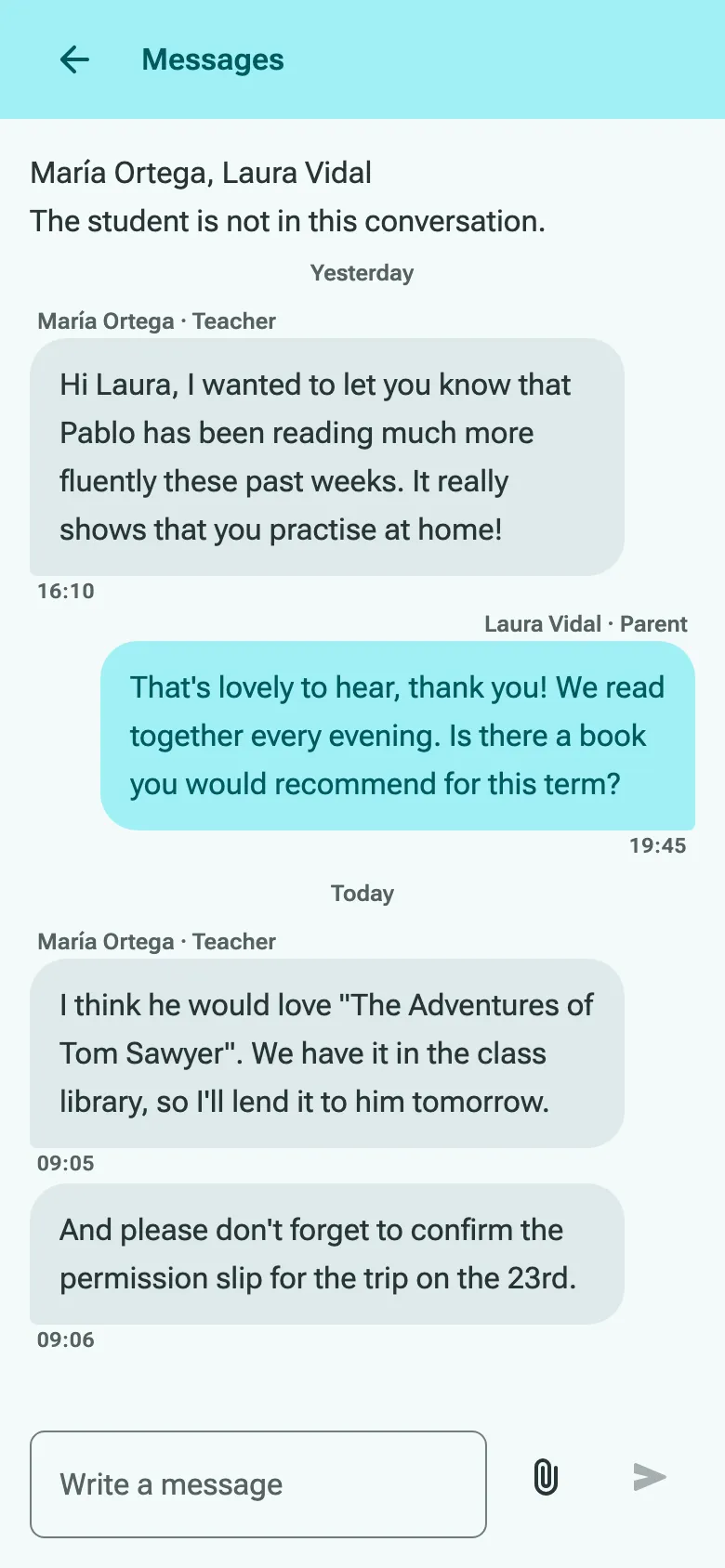 A conversation between a teacher and a parent about the parent’s son.