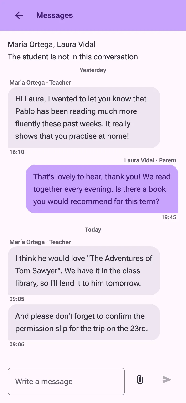 A conversation between a teacher and a parent about the parent’s son.