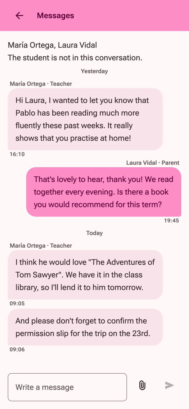 A conversation between a teacher and a parent about the parent’s son.