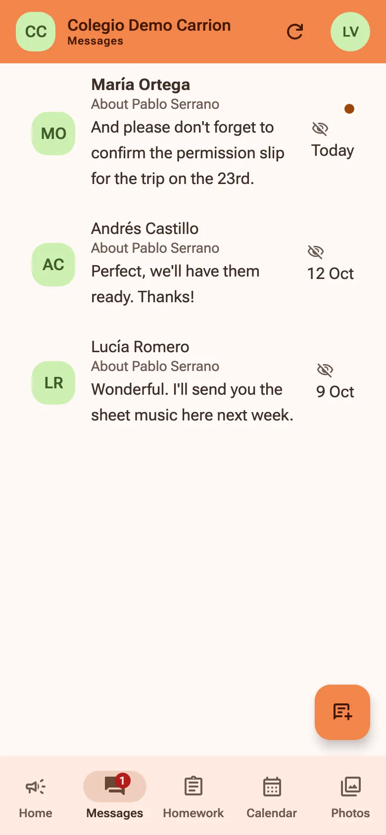 A family’s messages: three conversations with teachers, one of them unread, and a count on the Messages tab.