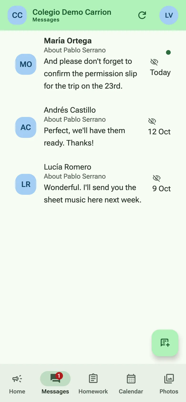 A family’s messages: three conversations with teachers, one of them unread, and a count on the Messages tab.