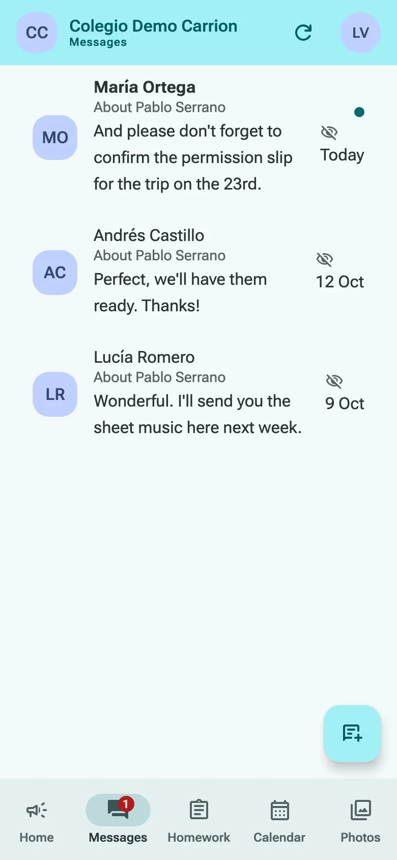 A family’s messages: three conversations with teachers, one of them unread, and a count on the Messages tab.