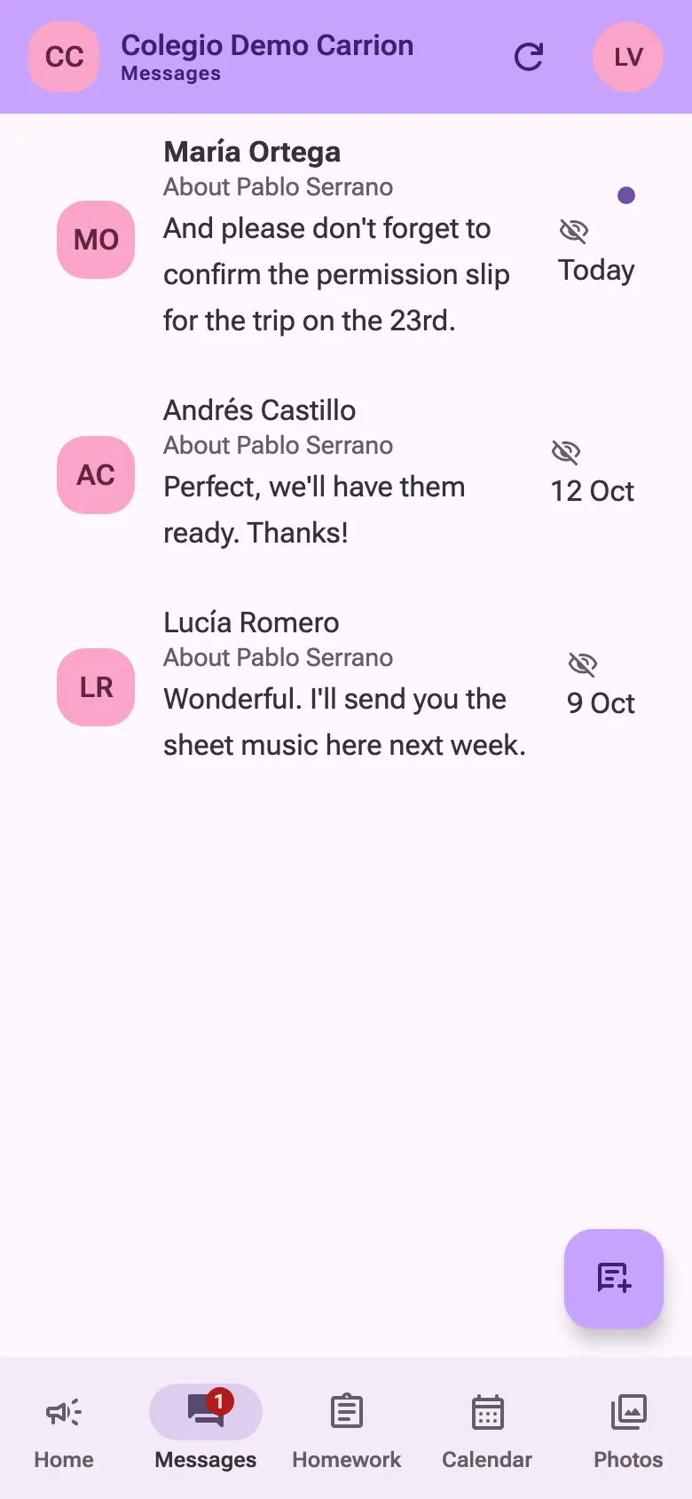 A family’s messages: three conversations with teachers, one of them unread, and a count on the Messages tab.