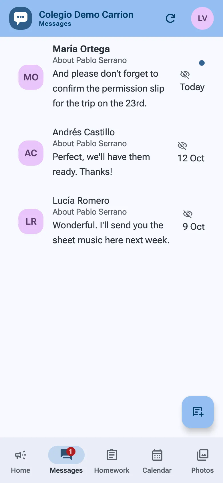 A family’s messages: three conversations with teachers, one of them unread, and a count on the Messages tab.