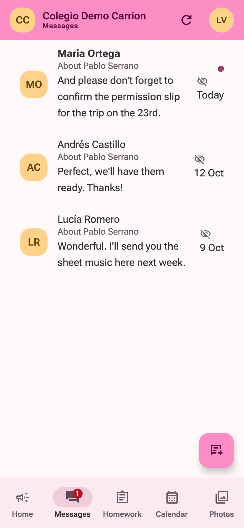 A family’s messages: three conversations with teachers, one of them unread, and a count on the Messages tab.