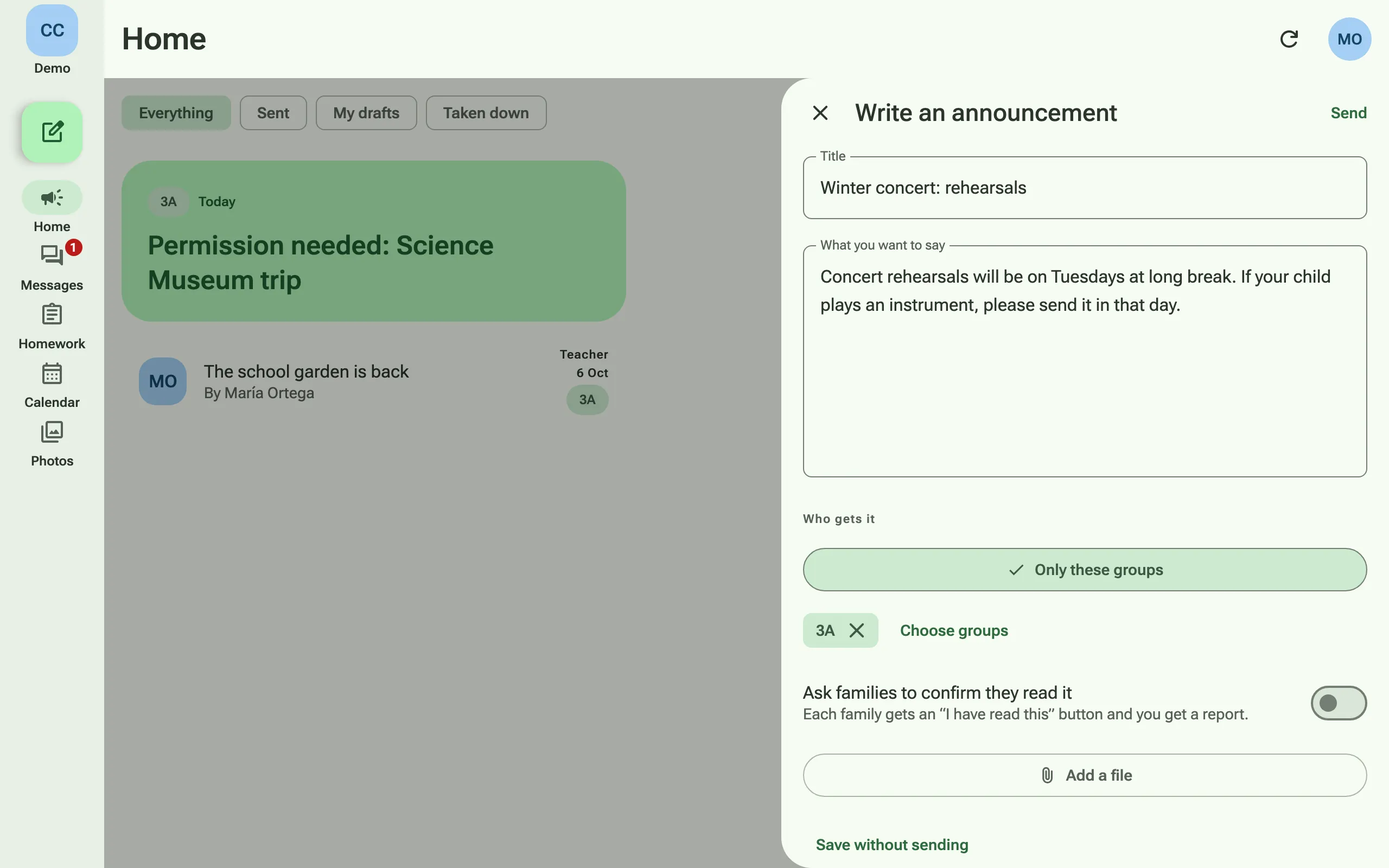 A teacher writing an announcement to her class, with the option to ask families to confirm they have read it and to add a file.