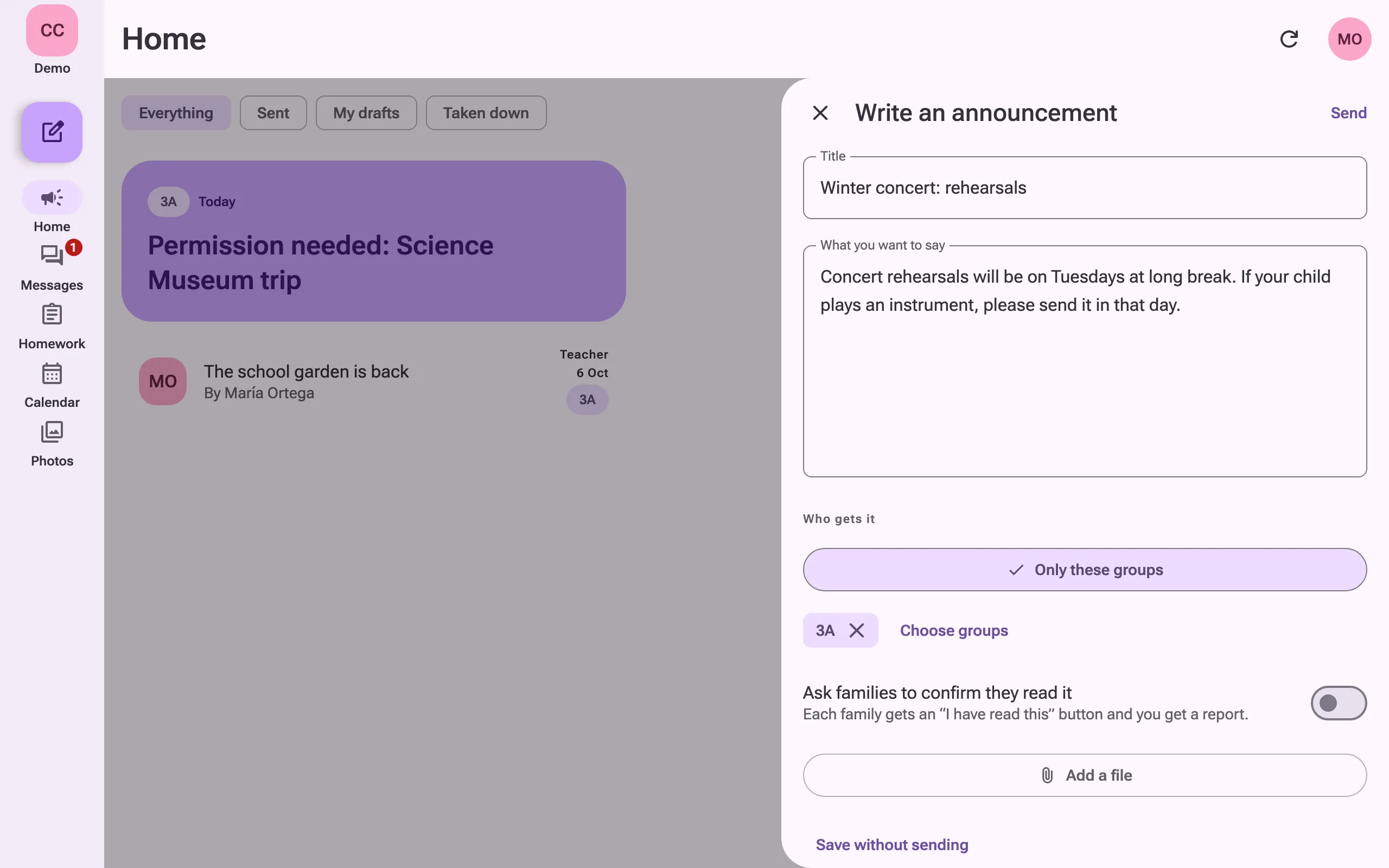 A teacher writing an announcement to her class, with the option to ask families to confirm they have read it and to add a file.