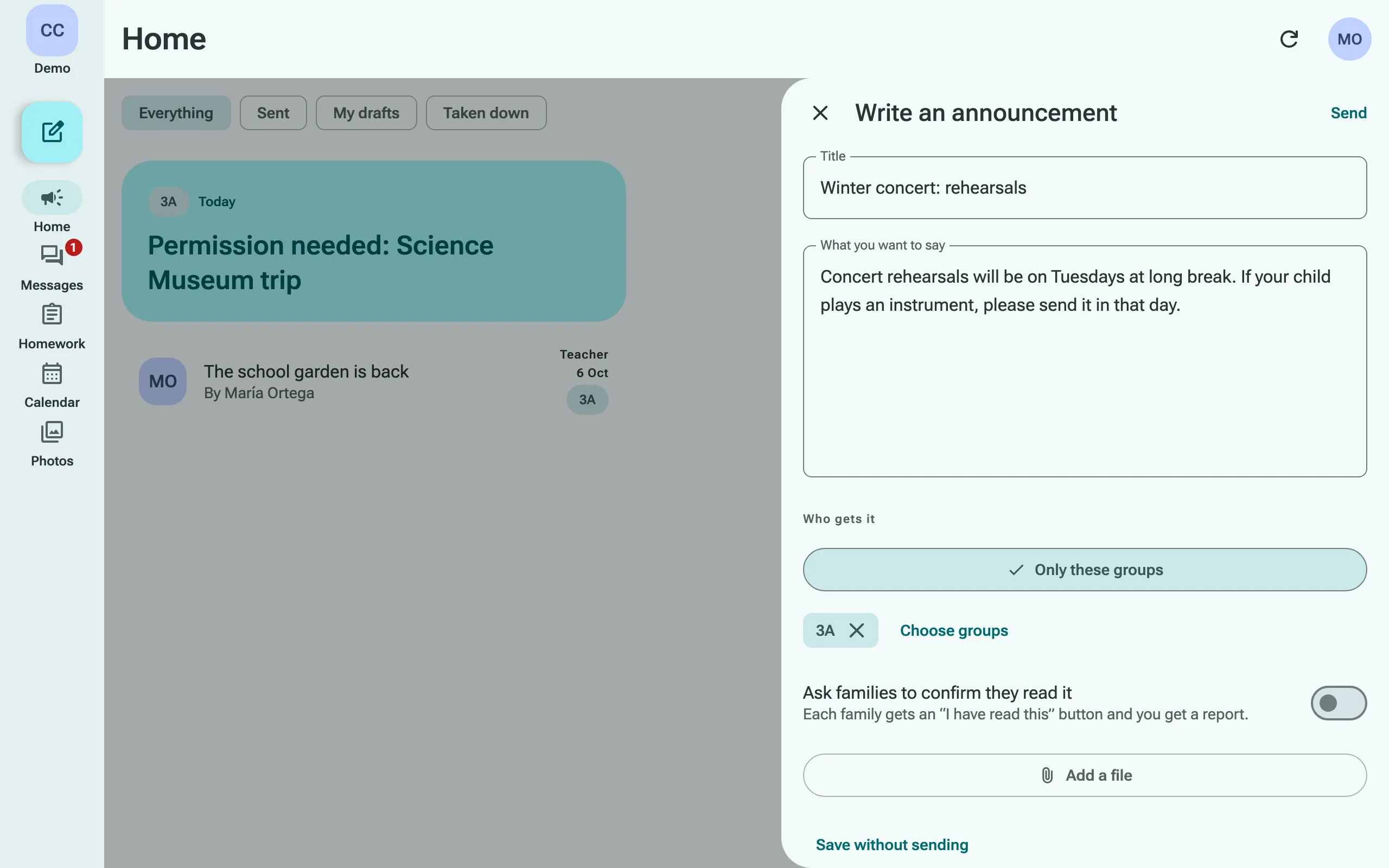 A teacher writing an announcement to her class, with the option to ask families to confirm they have read it and to add a file.