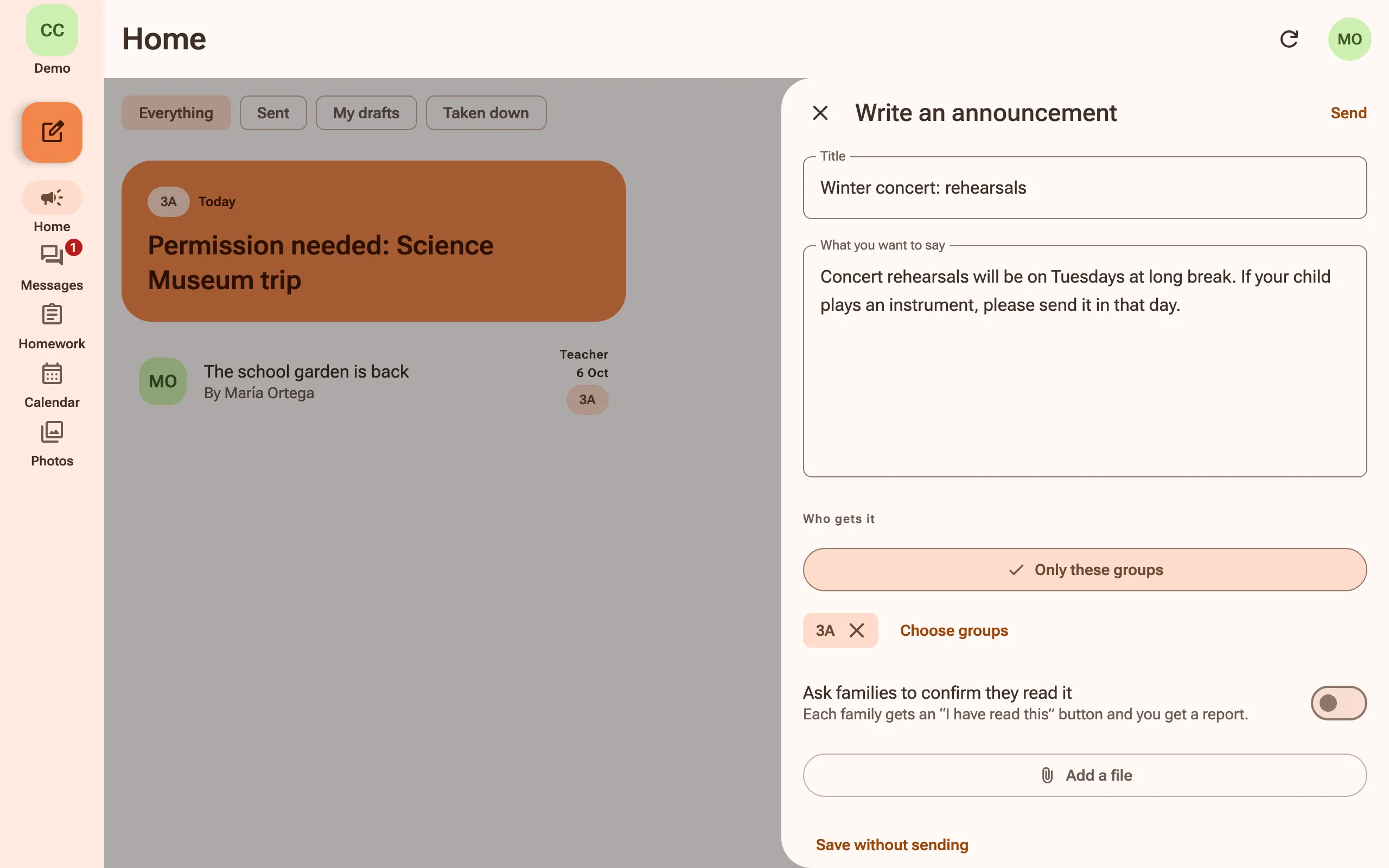 A teacher writing an announcement to her class, with the option to ask families to confirm they have read it and to add a file.
